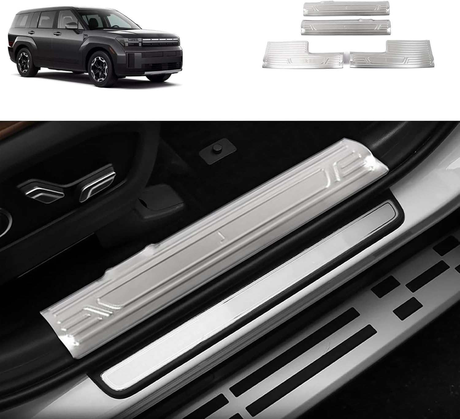 Entry Guards Cover Compatible with Hyundai Santa Fe 2024 2025 2026 Inner Door Sills Anti-Dirty Scuff Plate Cover Interior Car Accessories Stainless Steel 4PC(Silver)