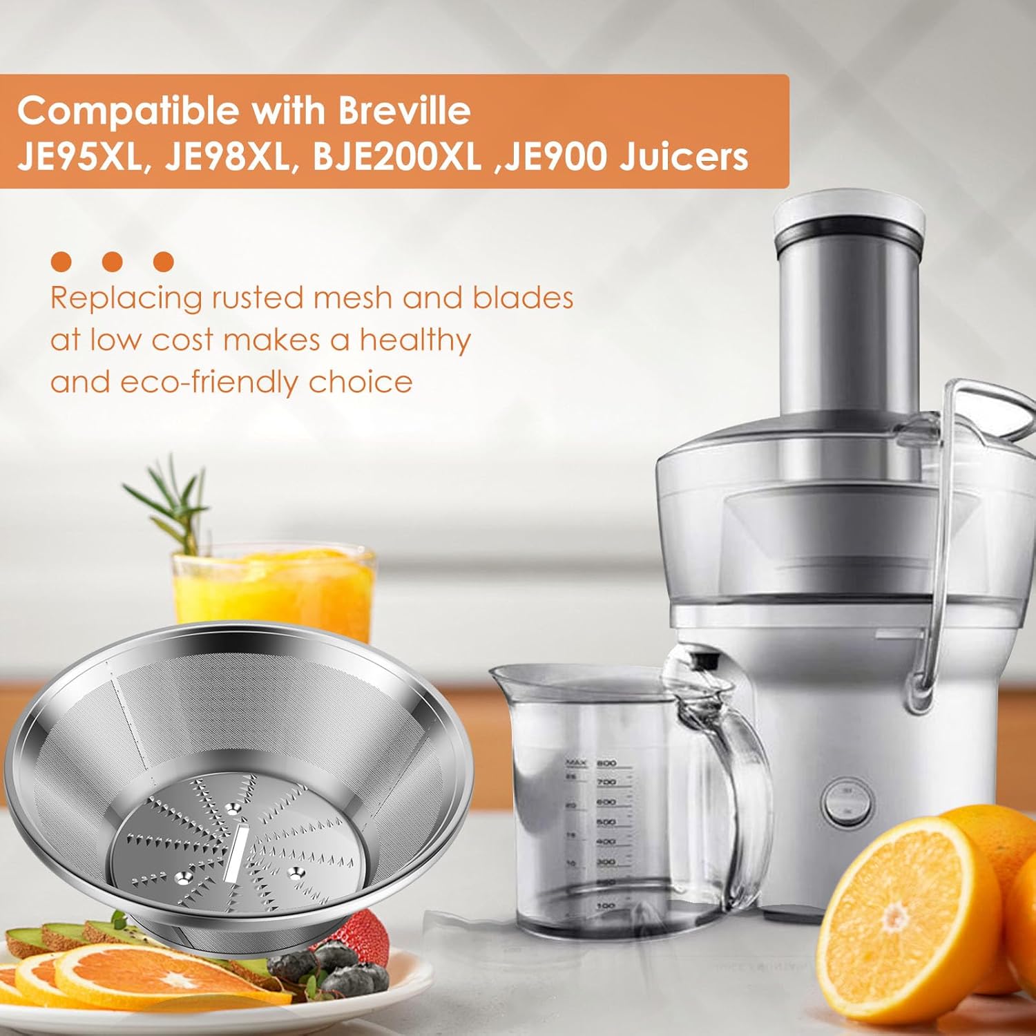 BR-1 Juicer Mesh Filter Basket （No Base）Compatible with Breville Juice Models JE95XL, JE98XL, BJE200XL, BJE510XL, JE900, With Mesh Strainer Bowl, Blade, Screws & Wrench,Easy to Replace