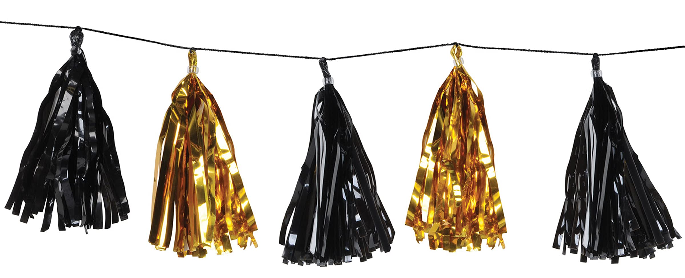 Beistle Metallic Tassel Garlands 59927-BKGD, 2 Stück metallische Quasten-Girlanden, 24,8 cm x 2,4 m, schwarz/Gold