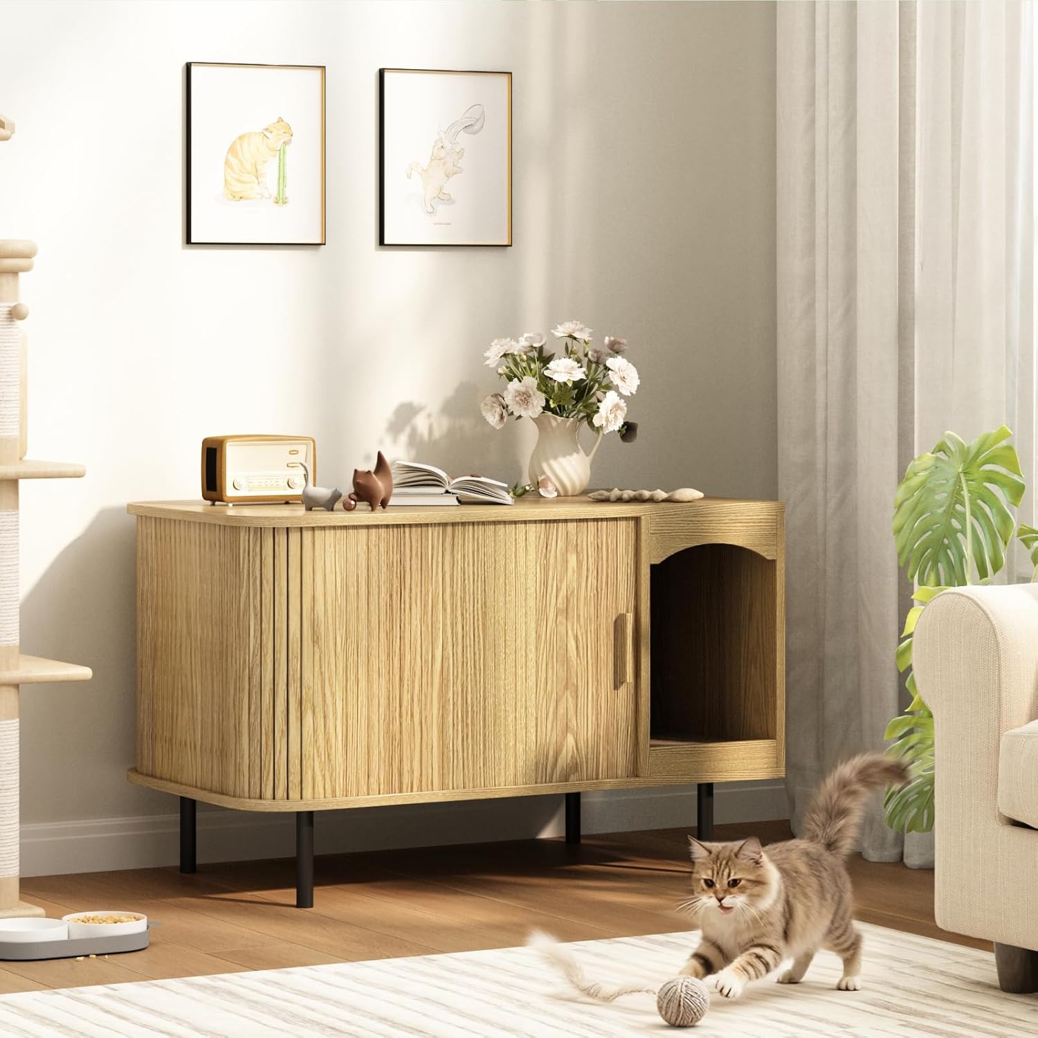 Cat Litter Box Enclosure Furniture, Fluted Hidden Litter Box Furniture with Scratching Pad, Large Wood Cat House Indoor Modern Cabinet Side End Table for Living Room, Entryway, Natural