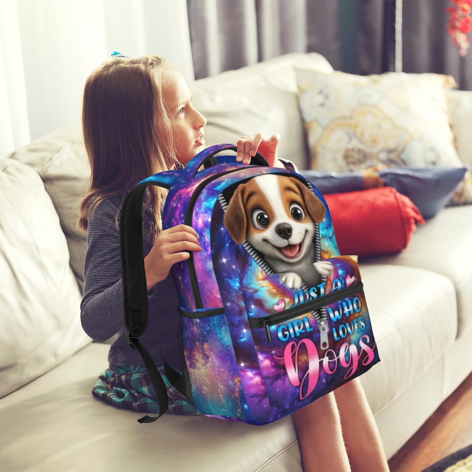 15 Inch Large Capacity School Backpack for Girls Age 8-12, Lightweight Padded Ergonomic Design with Cute Dog and Galaxy Print, Durable Kids Bookbag