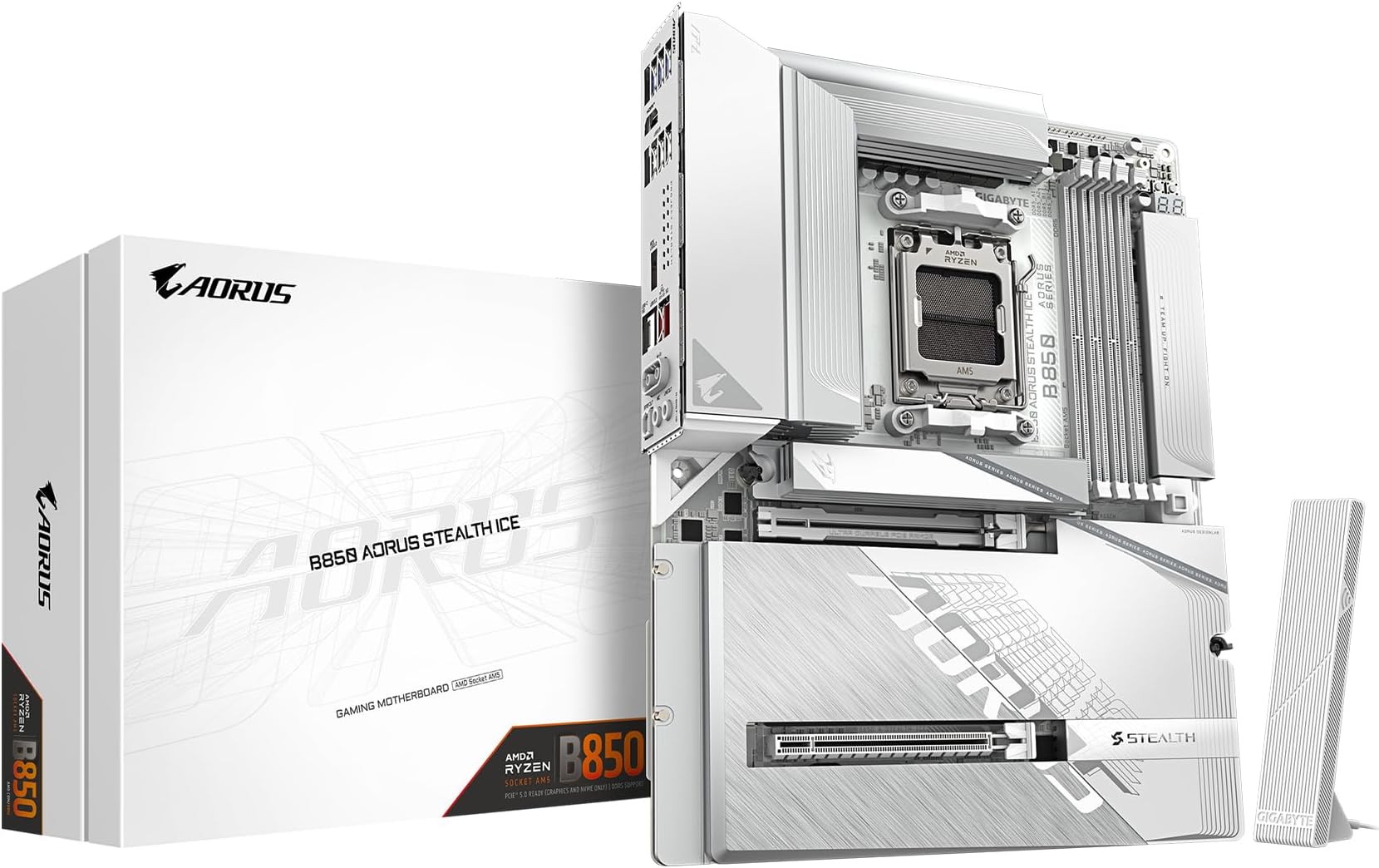 GIGABYTE B850 AORUS STEALTH ICE AMD AM5 Motherboard, ATX, DDR5, 4x M.2, PCIe 5.0, USB-C, WIFI7, 5GbE LAN, EZ-Latch,