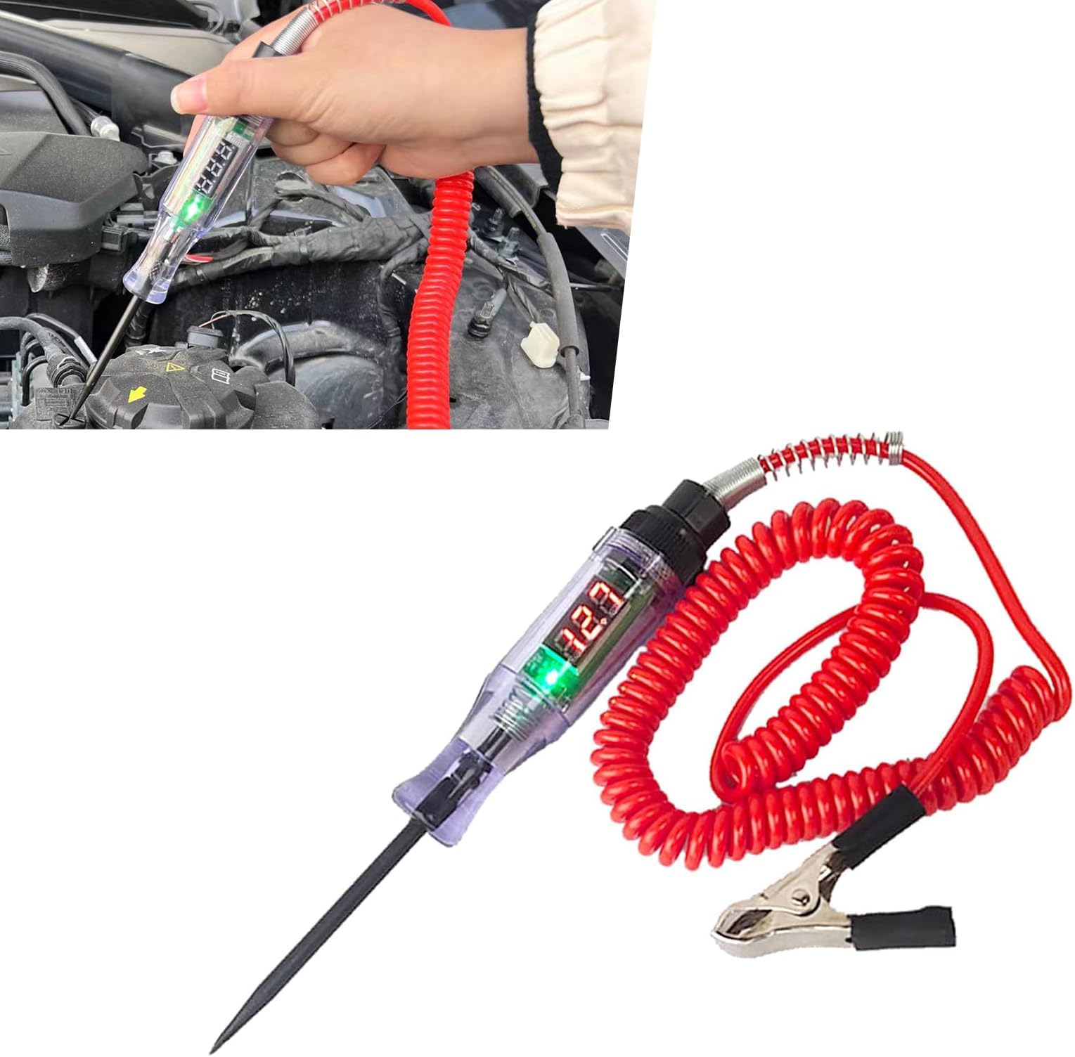 1 Pack Car Circuit Dectector, 3/6/12/24V Durable Voltage Tester, Universal Automobile Repair Tools with Long Spring Wire, for Most Cars, Trucks and Vans (Red #2)