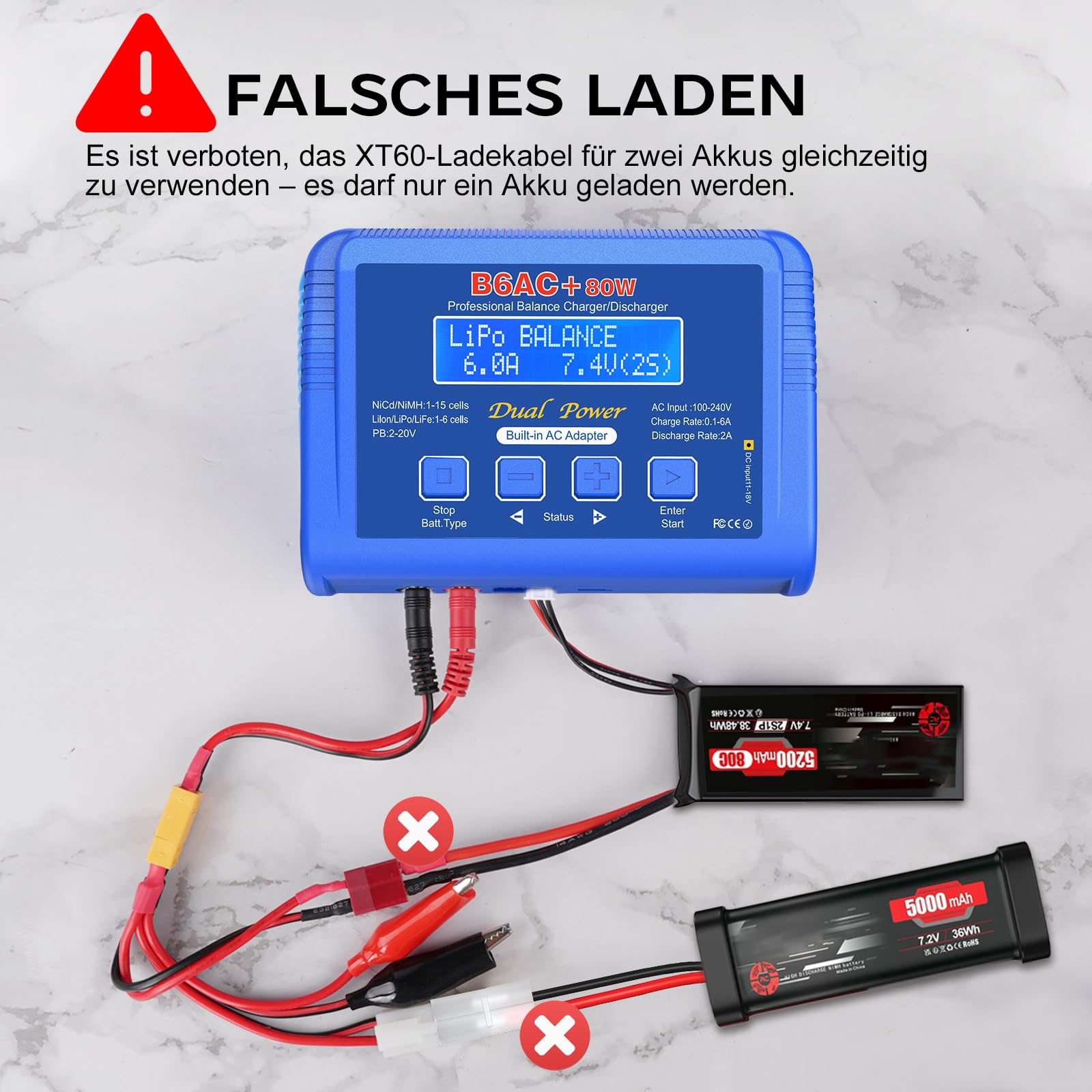 Haisito Lipo ładowarka 80 W 6 A – ładowarka do akumulatorów litowo-jonowych, Life, LiMH, NiCd, LiHV, Pb | Ładowarka do akumulatorów RC z wbudowanym adapterem | Lipo Balance Charger do Airsoft