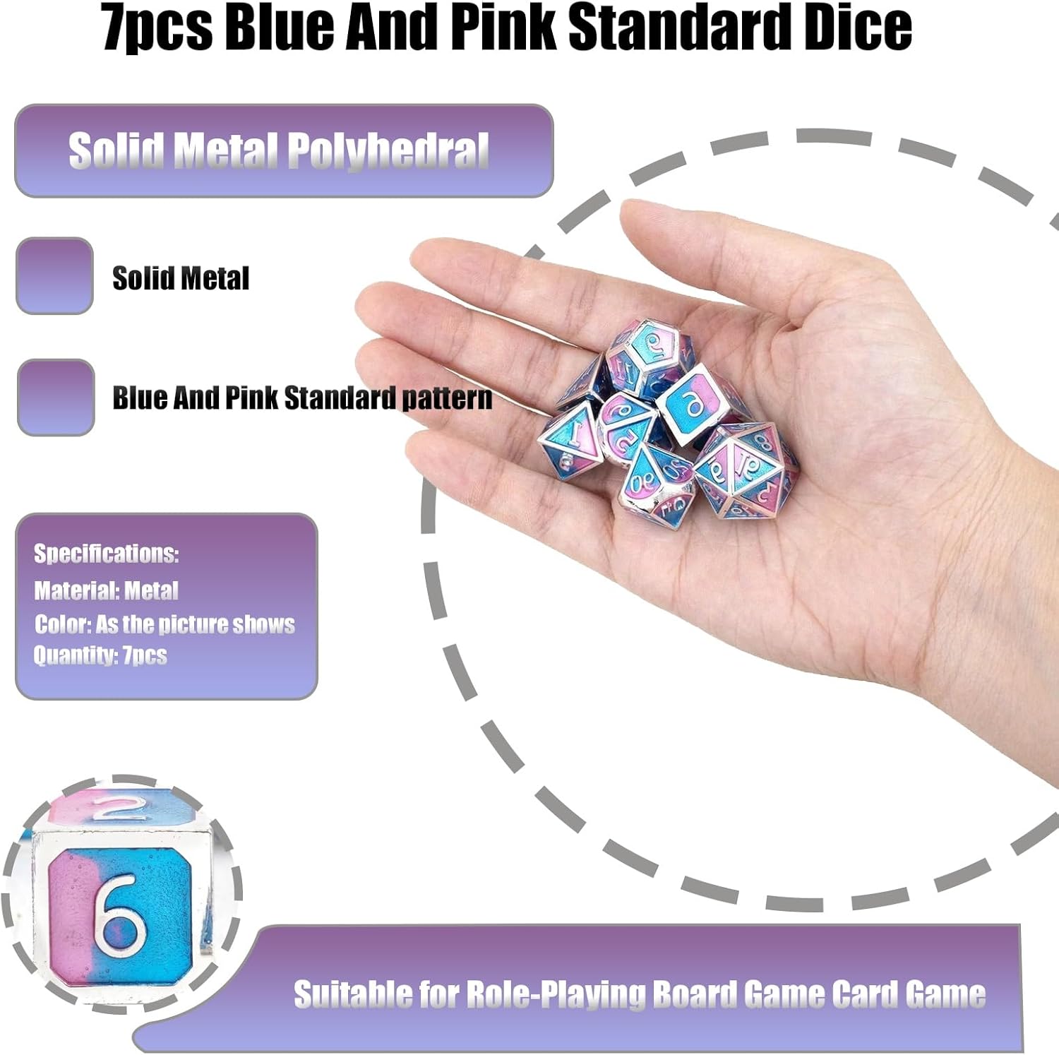 7pcs Blue and Pink Standard Dice, Solid Metal Polyhedral, Compatible with Role-Playing RPG Board Game Card Game