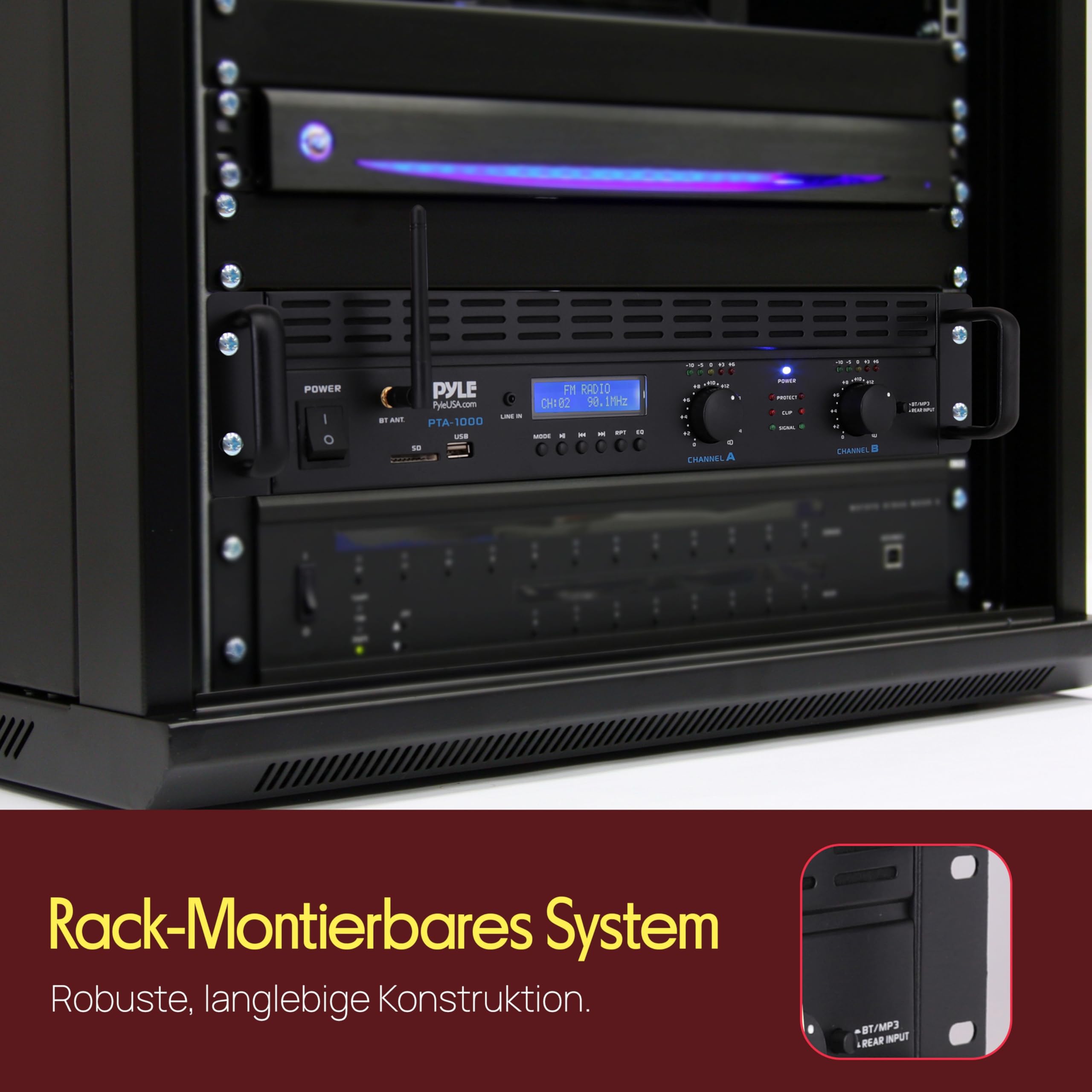 Pyle Verstärker 2 Kanal mit Bluetooth, 2000W, Rackmount Pa Endstufe, XLR, RCA, TRS, USB, Brückenmodus, Lüfter für Hobby-DJs, Veranstalltungen