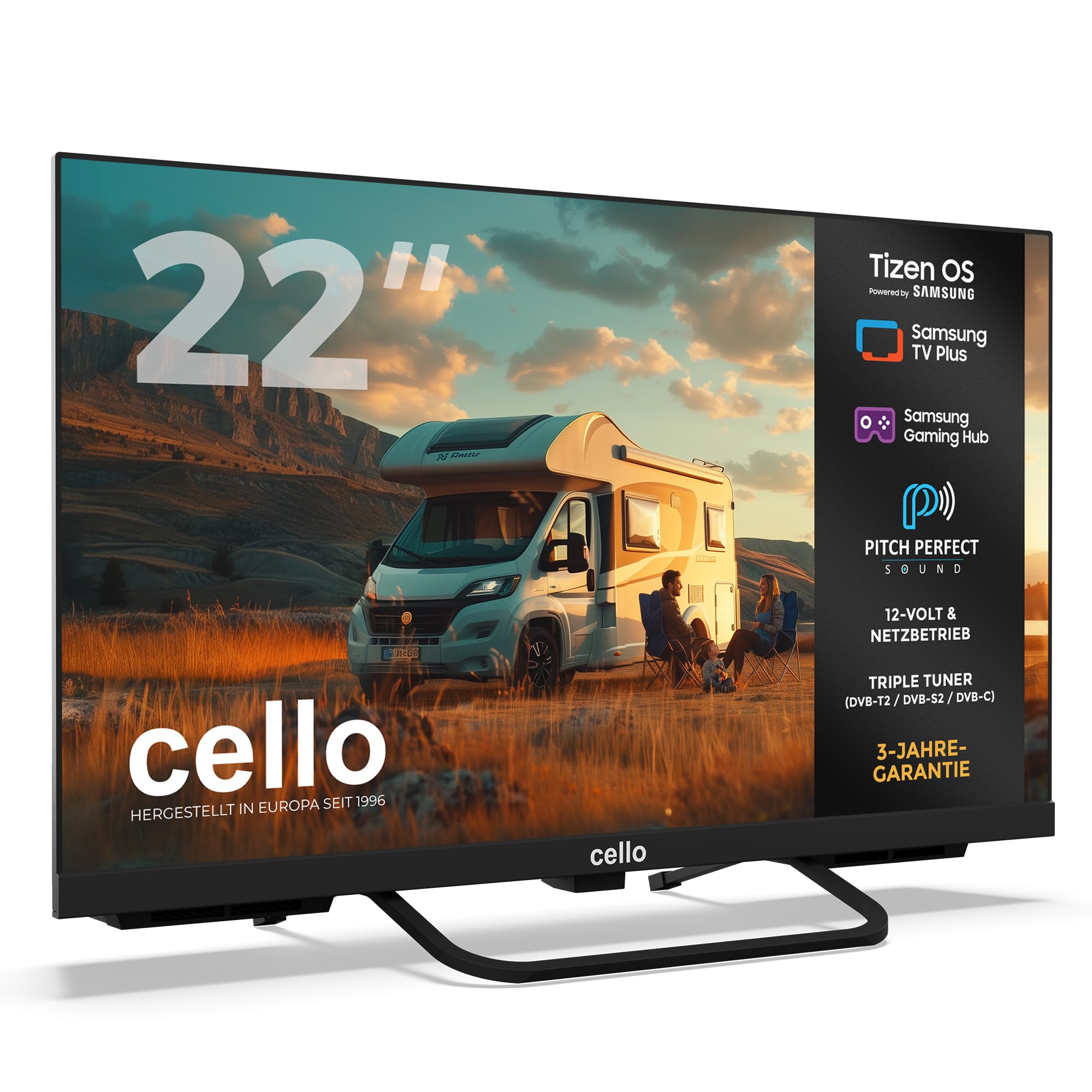 Cello CTRAV-22TZ 22" Smart 12V Traveller-TV mit Tizen OS von Samsung, Satellitenempfang, Gaming Hub, Pitch Perfect Lautsprecher, Bluetooth, ideal für Wohnmobile und Boote, Triple-Tuner