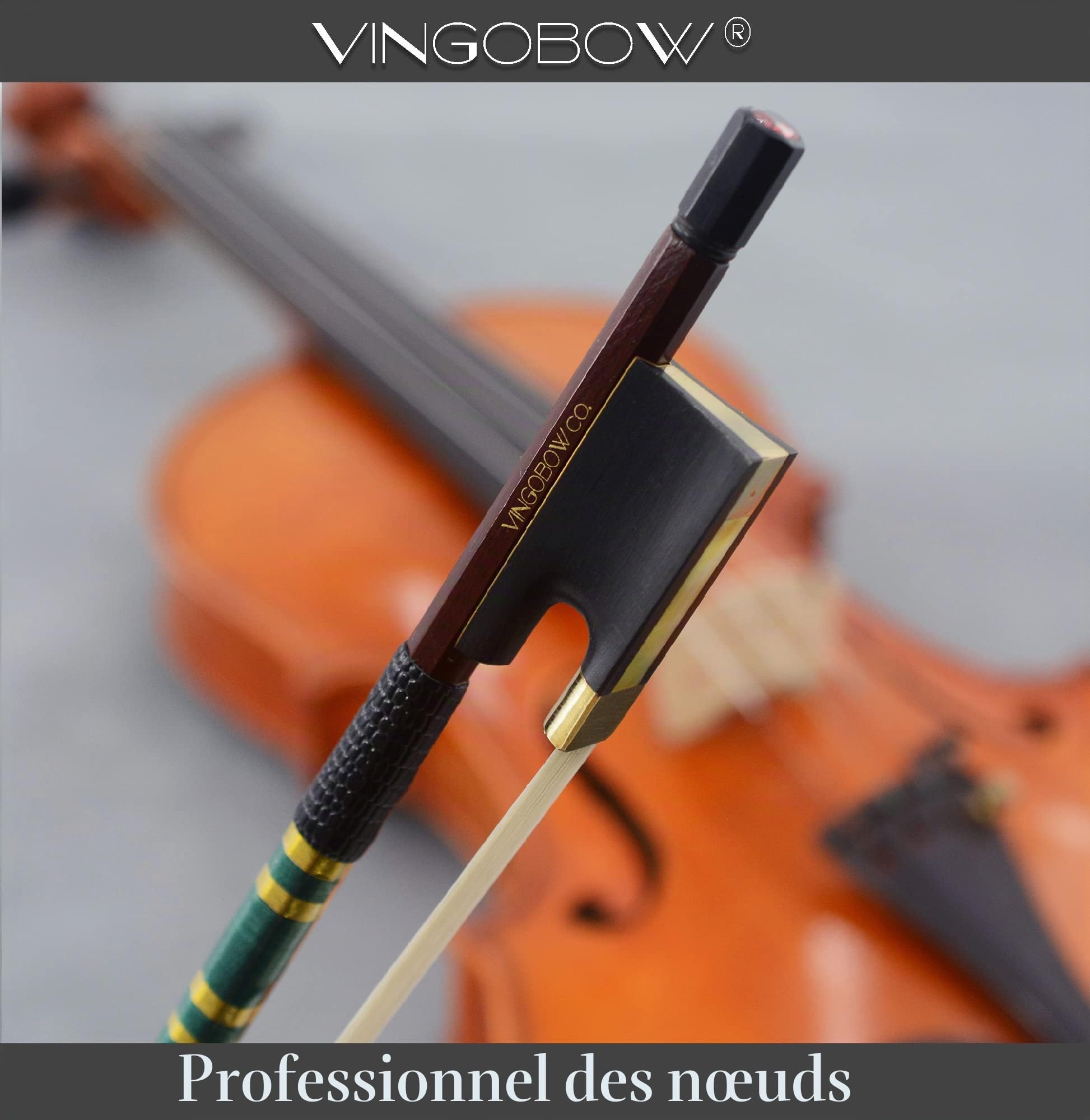 Archet de violon 4/4 en fibre de carbone avec pierres brillantes, crin de cheval naturel et fil doré