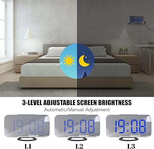 Miniatura 10 de WulaWindy Reloj despertador digital, pantalla LED de espejo grande, con cargador USB, función de repetición, modo tenue, para colgar en la pared