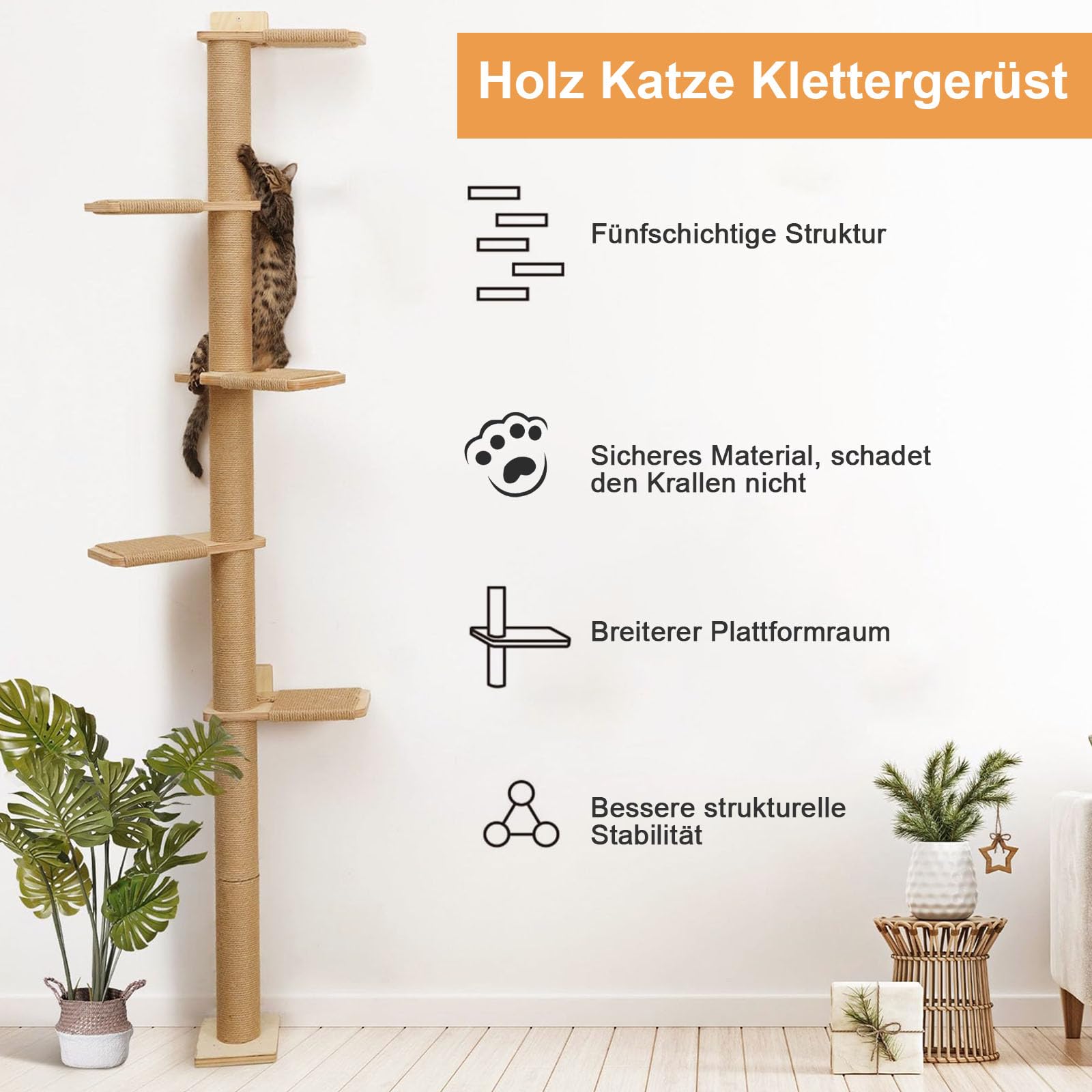 Drzewko dla kota, 5 poziomów, drapak dla kotów (206 cm), regulowane od podłogi do sufitu, stabilny, montowany na ścianie z drapakiem, dla kotów do wspinaczki, drapania
