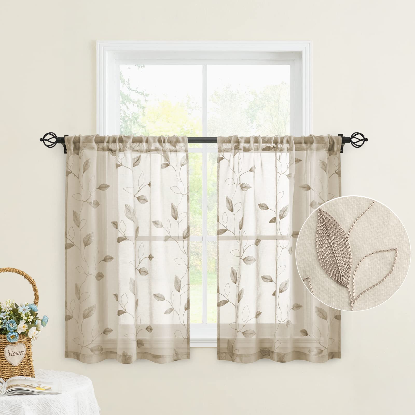 HOMEIDEAS Taupe Sheer Kitchen Curtains 30 X 36 Inch Length 2 Panels Beige Embroidered Leaf Pattern Short Curtains for Small Window Valance Tiers