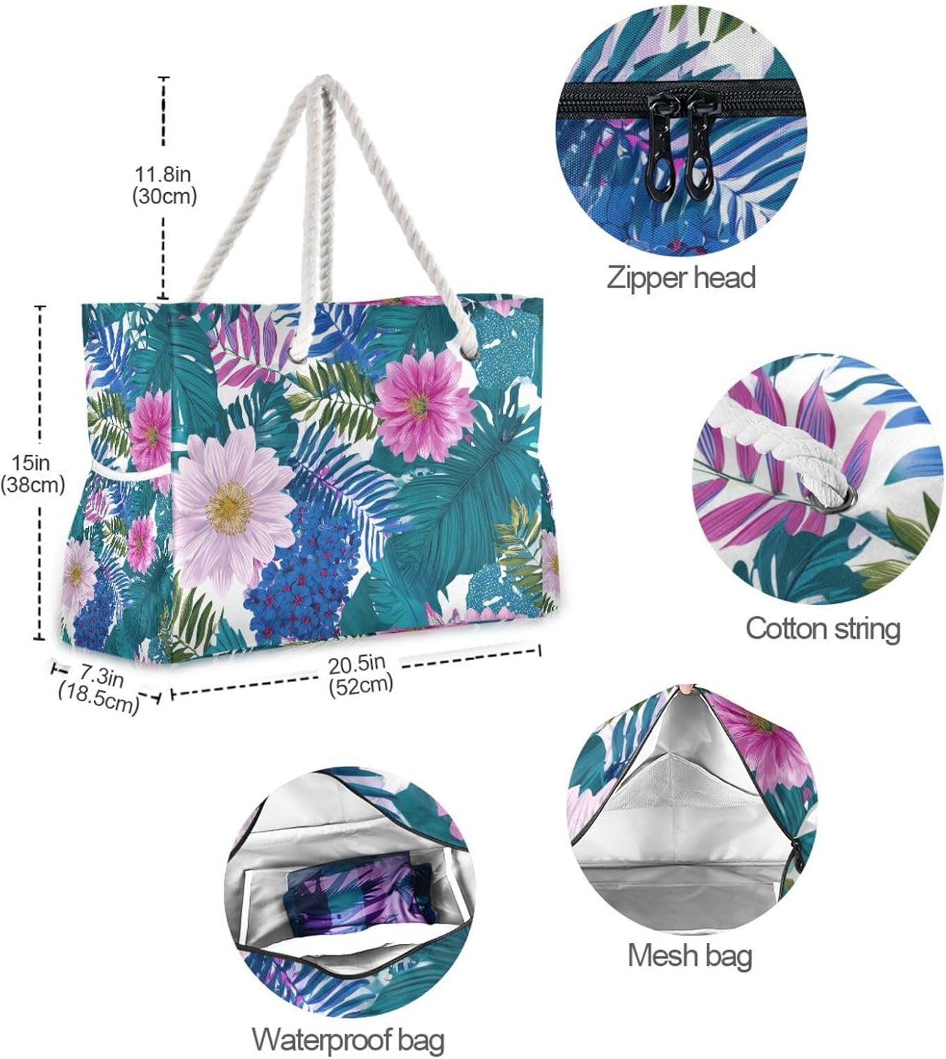 OTVEE Tropical Leaves Flowers on White Beach Bags for Women Ladies Large Canvas Tote Shoulder Bag Waterproof Travel Bags for Gym Swim Pool Camping