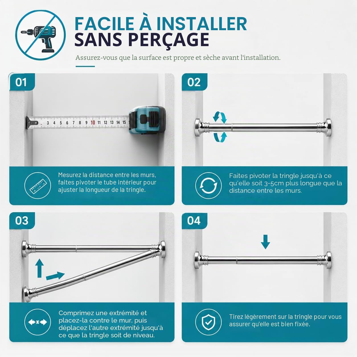 BreeRainz Tringle Rideau Extensible sans Percage De 110 à 290 cm Barre Rideau Barre de Douche Ajustable pour Fenêtre, Salle de Bain, Placard, Armoire, Cuisine, Porte de Balcon, Acier Inoxydable