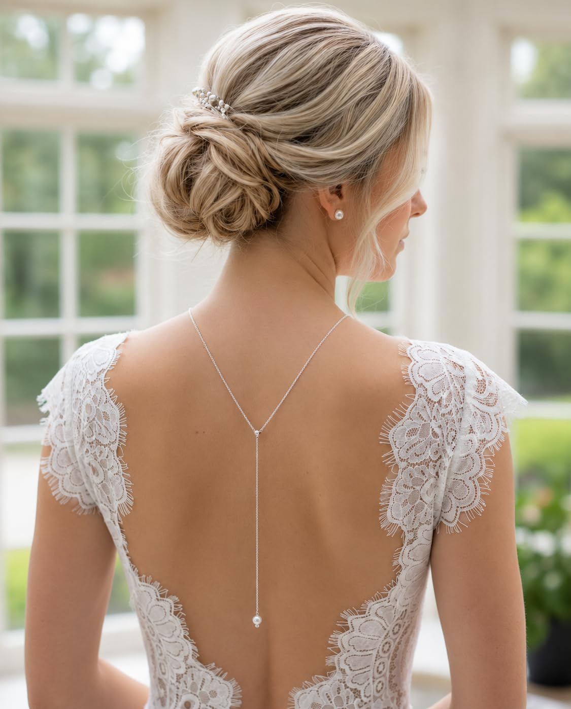 2 en 1 - Collar para novia de plata con perlas, collar para vestidos de novia sin espalda con cadena ajustable en la espalda y pendientes de perlas, juego de joyas para boda, oficina de