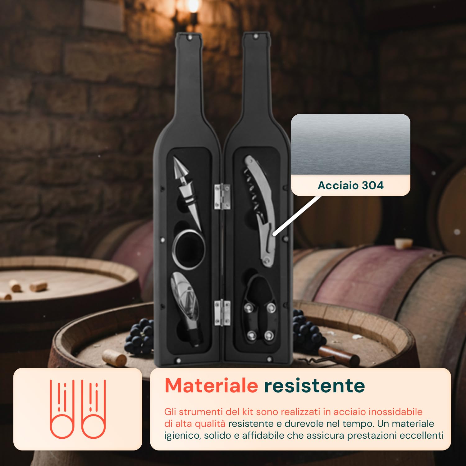 Avilia Set Accessori Vino 5 Pezzi Acciaio Inox 304 – Cavatappi Ergonomico Versatore Tappo Salvafreschezza Anello Antigoccia | Astuccio Bottiglia | Idea Regalo Vino Uomo Sommelier