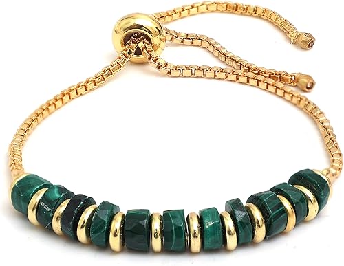 Natural Heishi Beads With Spacers Slider Bracelet Gemstone Healing Jewelry With 14k Yellow Gold Plated 8- Inch Adjustable Length