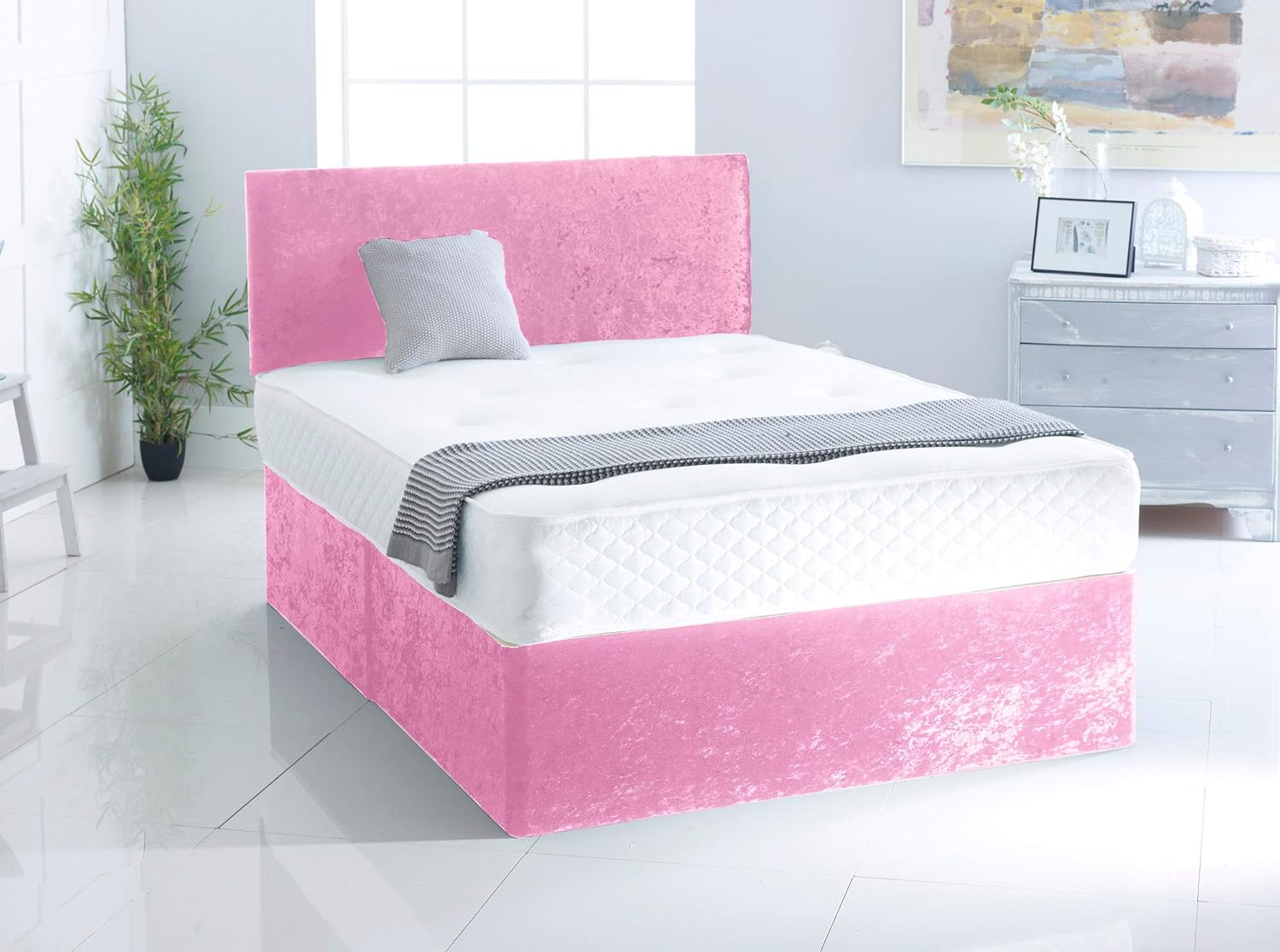 Crushed Velvet Divan Bed Memory Foam Spring Mattress Matching Plain