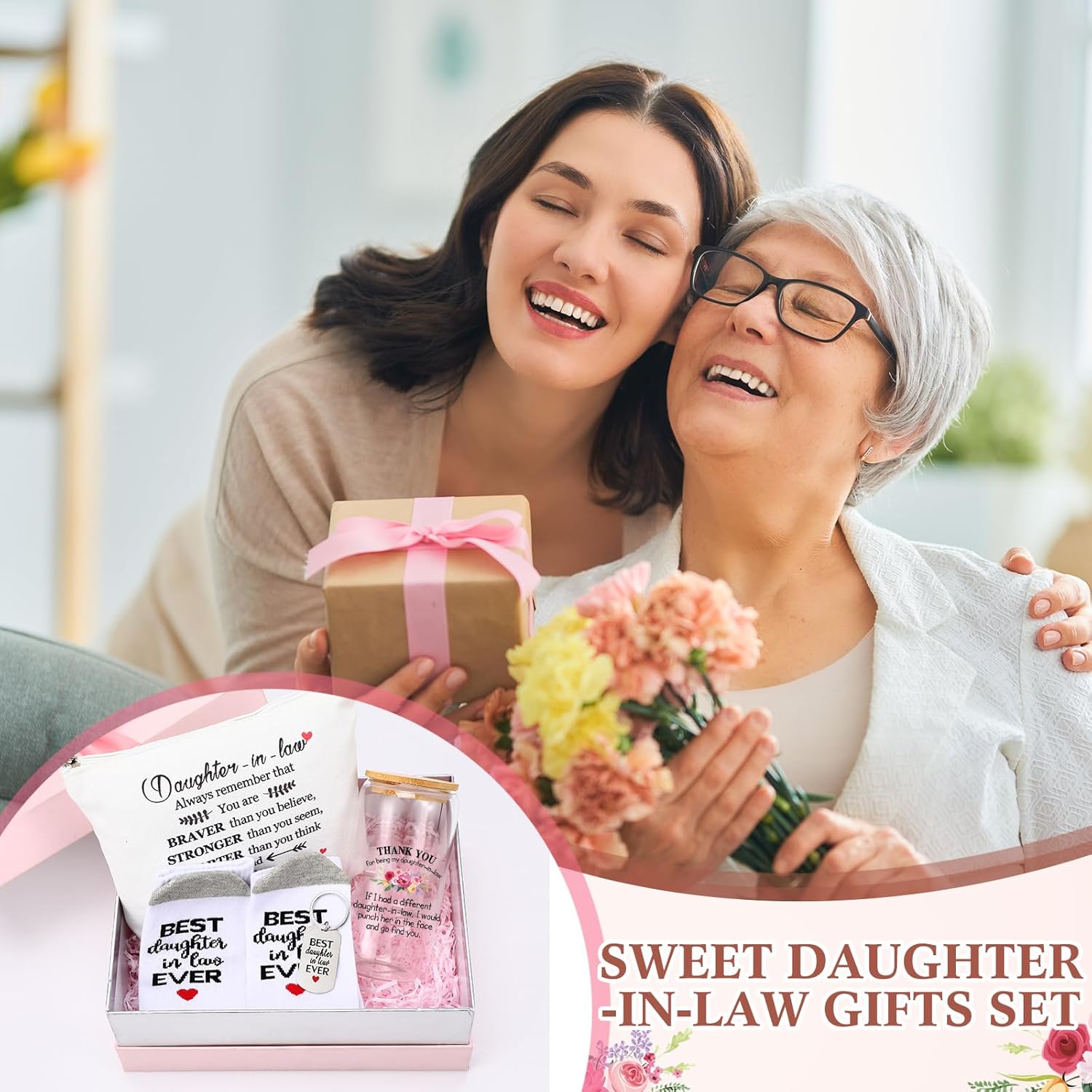 5 Pack Christmas Daughter-in-law Gifts, Xmas Thank You Gift for Women Birthday, Best Daughter in Law Tote Bag, Makeup Bag, 16 oz Drinking Glass, Socks and Keychain