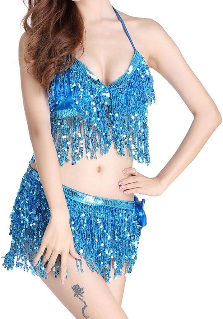 MUNAFIE Belly Dance Dancing Costume TOP Belt Hip Scarf Waist Skirt WRAP Tassel Fringe Sequin