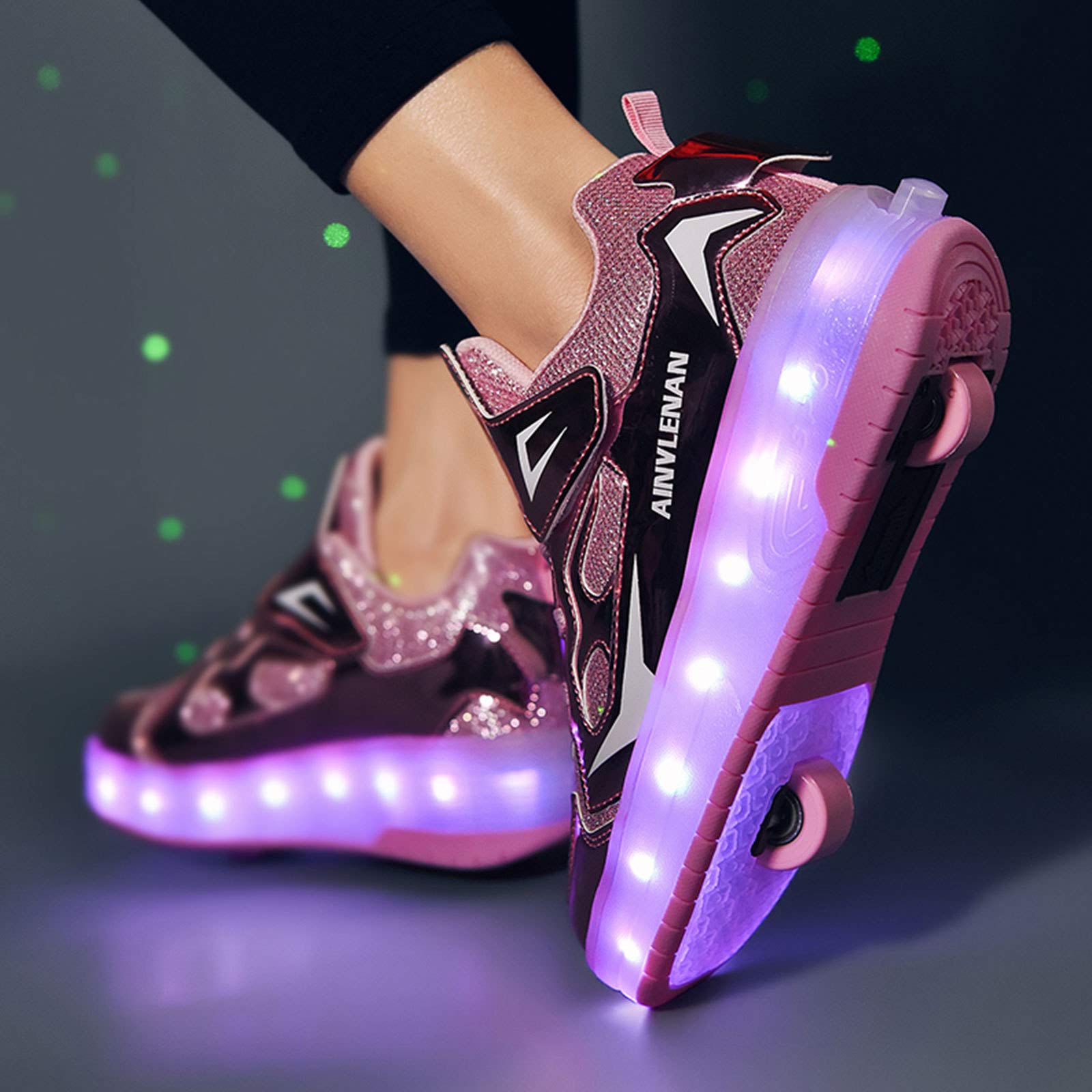 RDJSHOP Unisexe Enfants Chaussures de Skate à roulettes LED Sneaker de Skateboard de Gymnastique à Roues Doubles Chargement USB Chaussures Clignotantes Garçons Filles,Pink-12UKChild/30EU