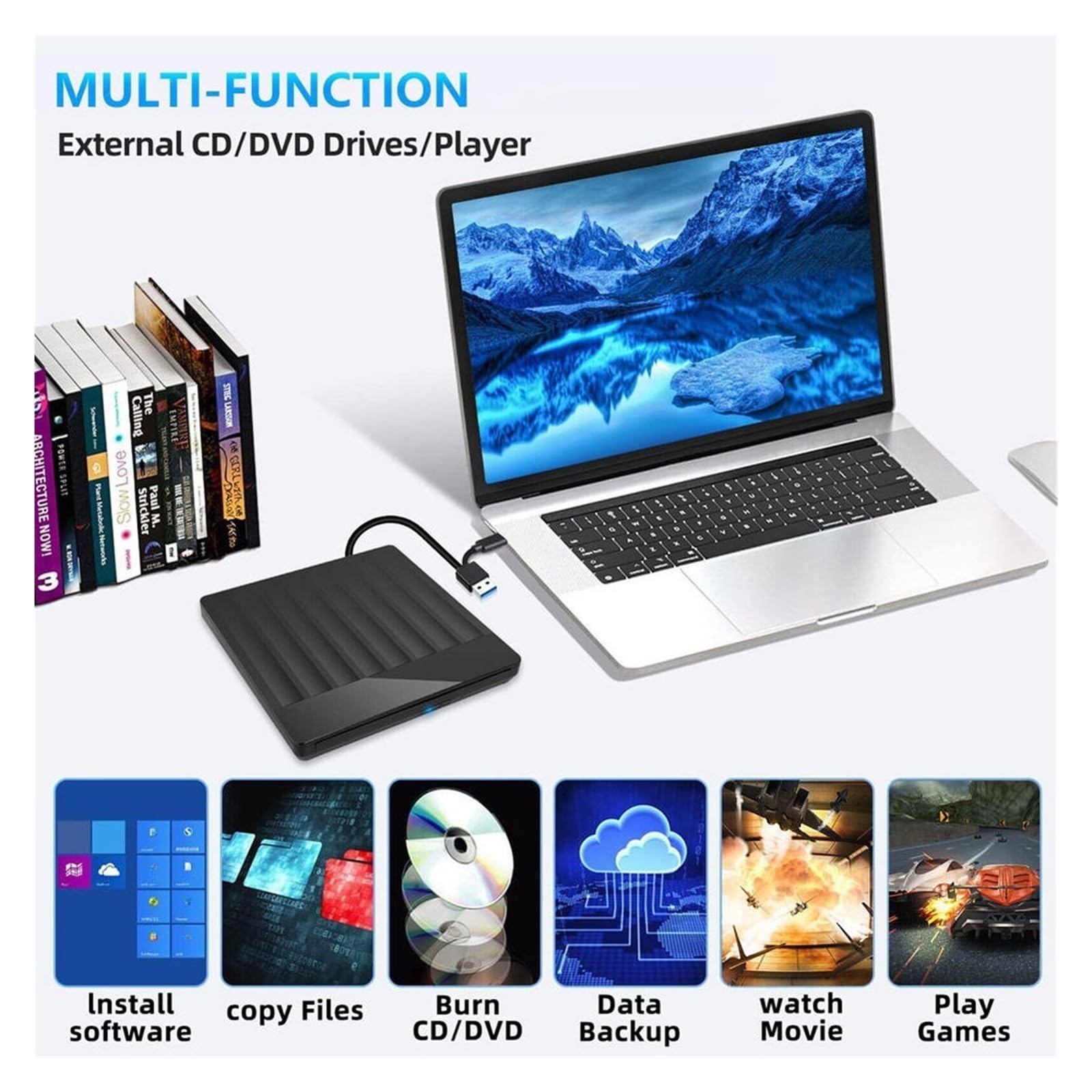 Zewnętrzna Nagrywarka DVD USB3.0+Typ C Czytnik/nagrywarka CD/DVD/Nagrywarka Odtwarzacz PC Uniwersalny Kompaktowy łatwy W UżYciu