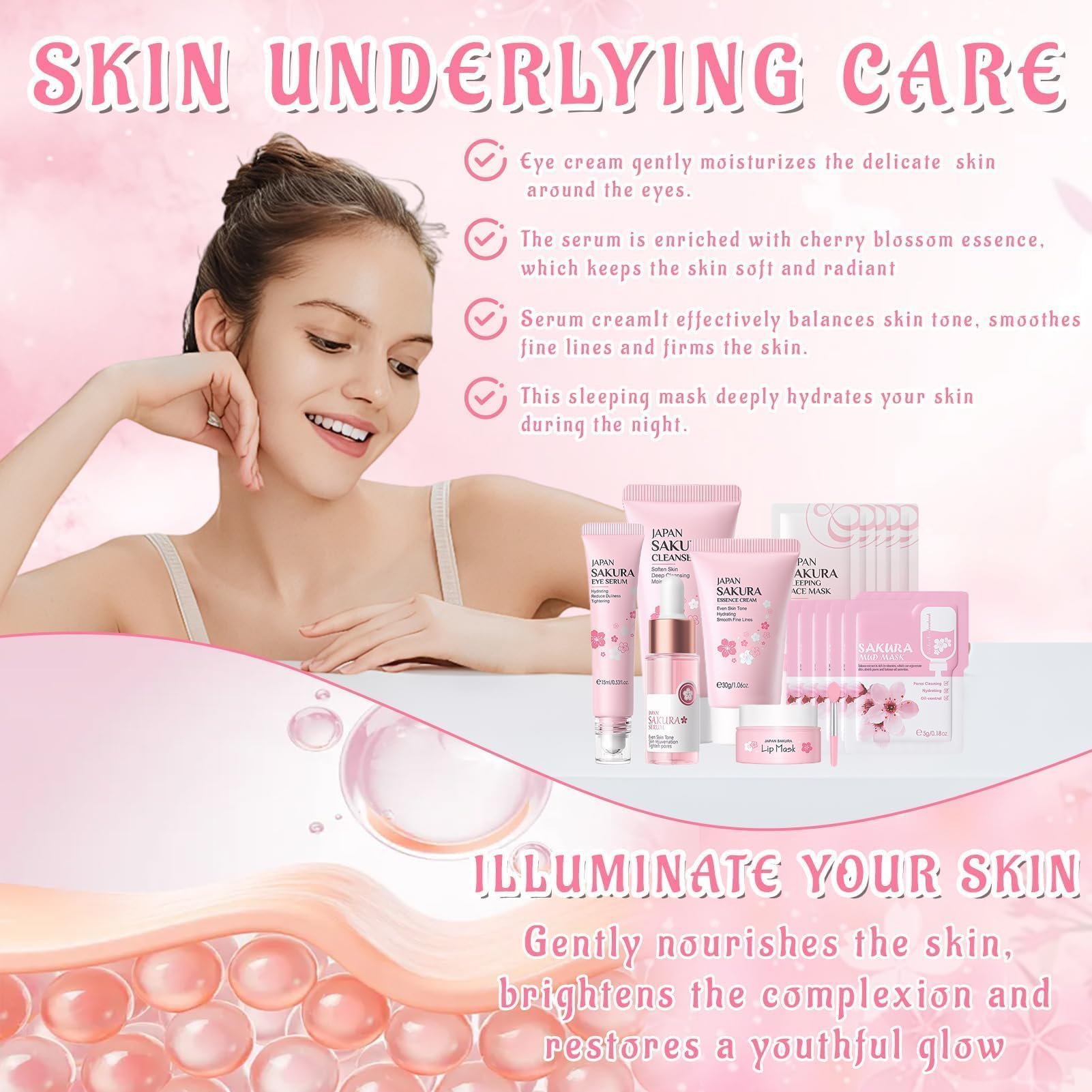 Kit per la Cura della Pelle Sakura 18 Pezzi,Include Detergente,Crema, Siero,Siero per gli occhi,Maschera di fango,Maschera per dormire, Accessori,Set Skincare Viso Completo per Ragazze e Donne
