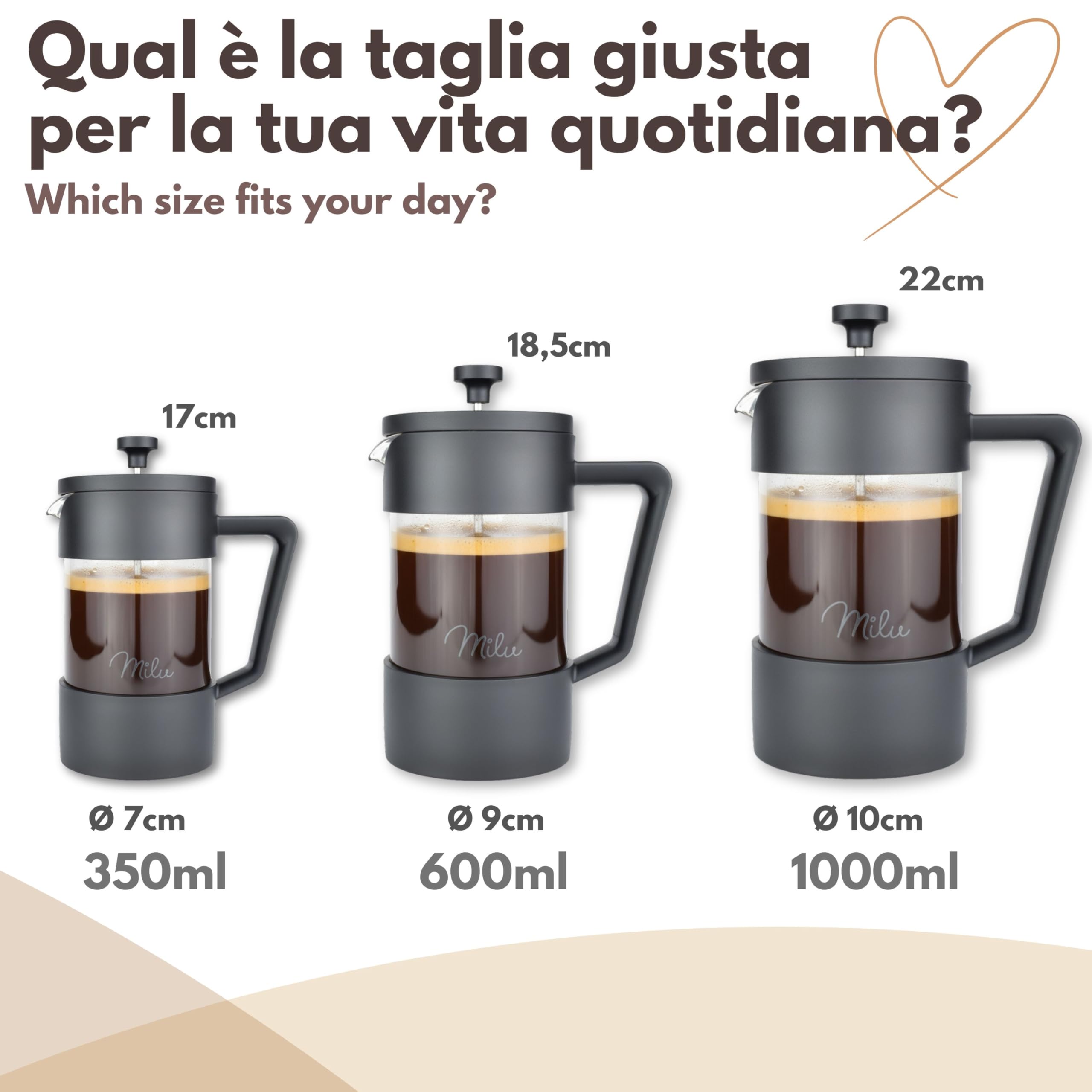 Milu Caffettiera francese Pressa per Caffè | 350ml 600ml 1L | Vetro French Press Caffettiera stantuffo (Nero, 600ml (3 tazze)