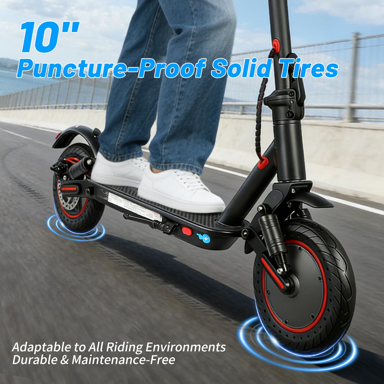 Monopattino Elettrico Adulti, Autonomia 30 km, Pneumatici Antitraforo solidi da 10", Doppie Sospensioni, Doppi Freni a Disco, 3 Velocità, App, Carico Massimo 120 kg, Piehevole per Città