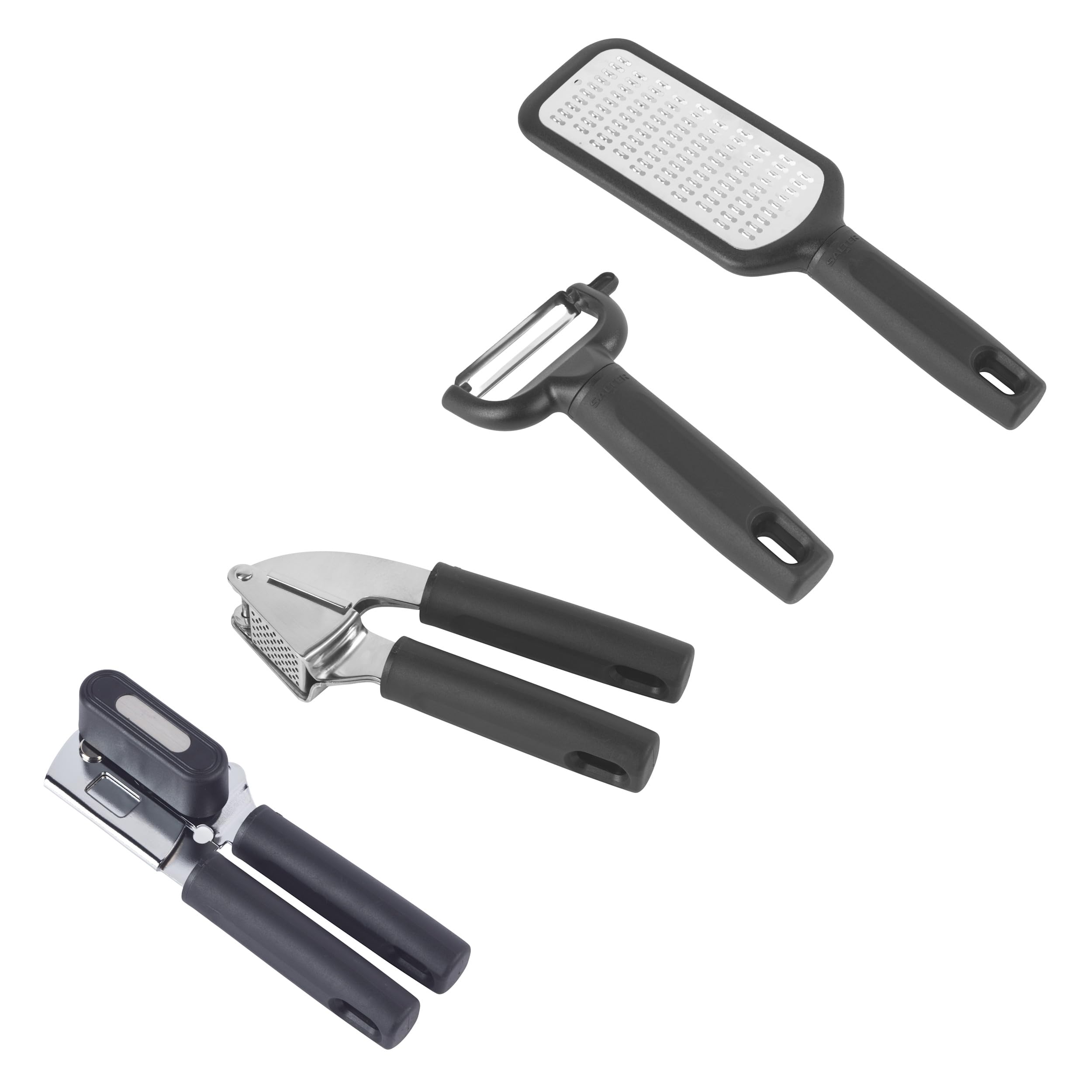 Salter Expert Kitchen Tool Set – Grater, Garlic Press, Y Peeler & Can Opener with Soft-Grip Handles, Sharp Stainless-Steel Blades, Durable & Dishwasher Safe for Cooking & Food Prep