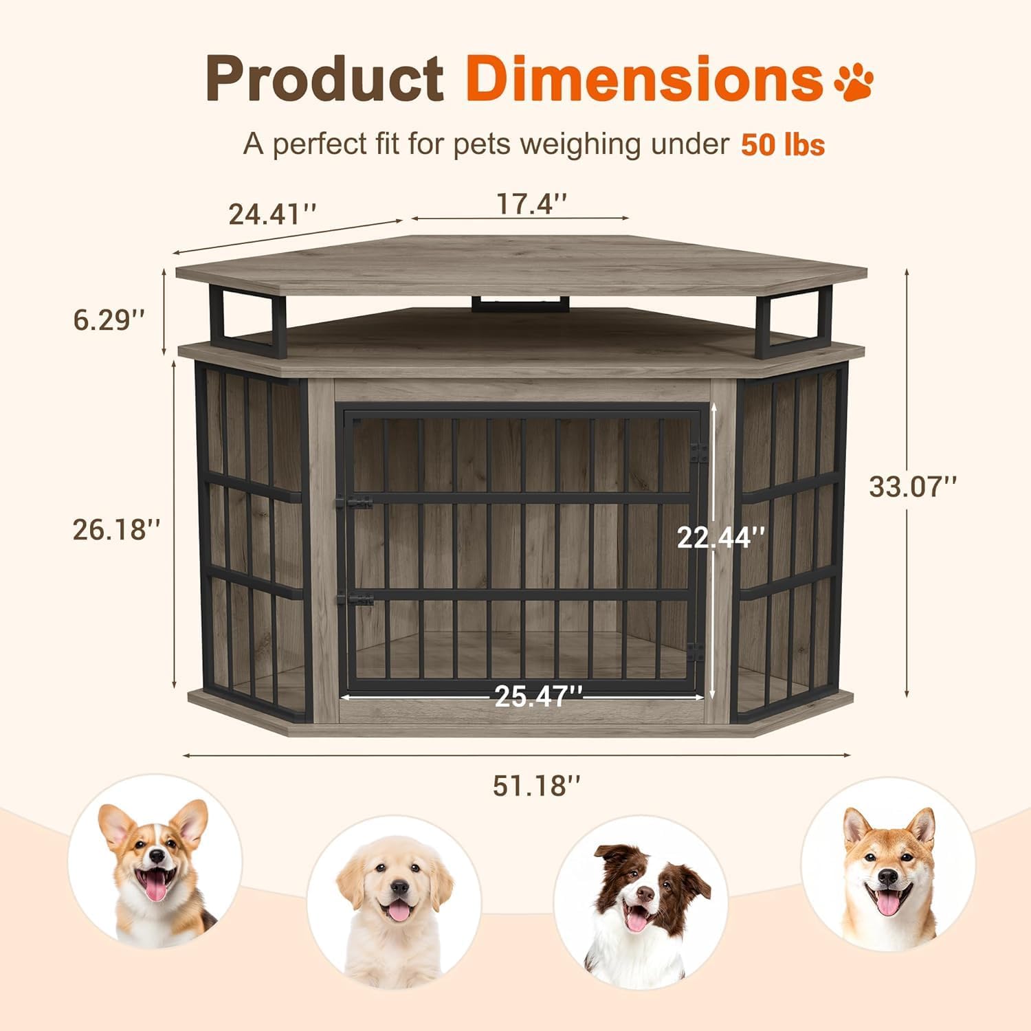 Corner Dog Crate Furniture with 2-Tier Shelves 51" Large Dog Kennel Indoor Wooden TV Stand Modern Dog Cage Decorative Pet House