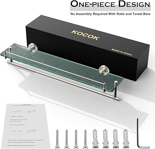 Miniatura 10 de KOCOK Estante de vidrio para baño con toallero para montaje en pared, estante de vidrio flotante de 20 pulgadas, rectangular, acero inoxidable 304,