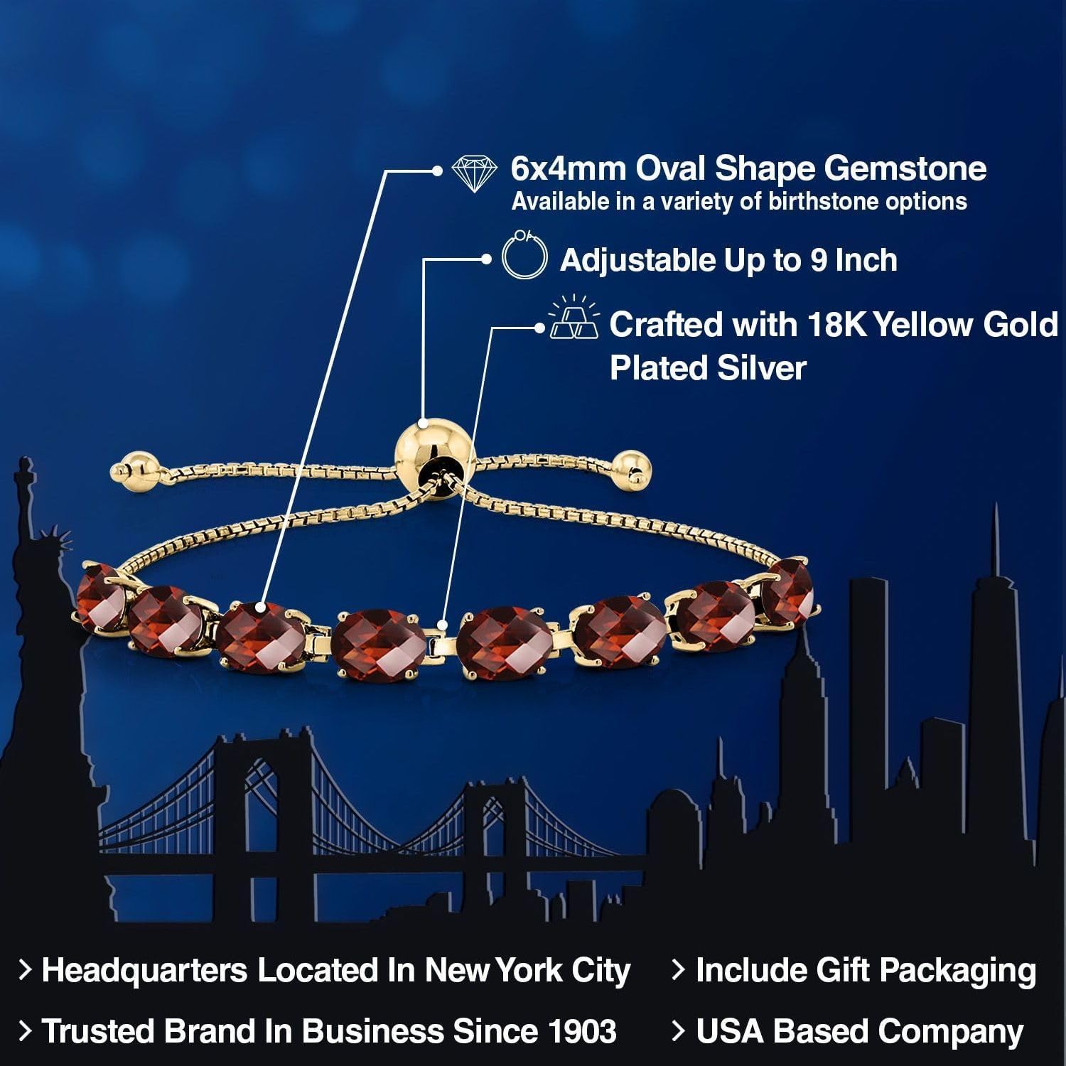 Gem Stone King 18K Yellow Gold Plated Silver 7X5MM Oval Gemstone Birthstone 8-Stone Tennis Bracelet For Women | Bollo Bracelet | Fully Adjustable Up to 9 Inch | Easy-On Easy-Off