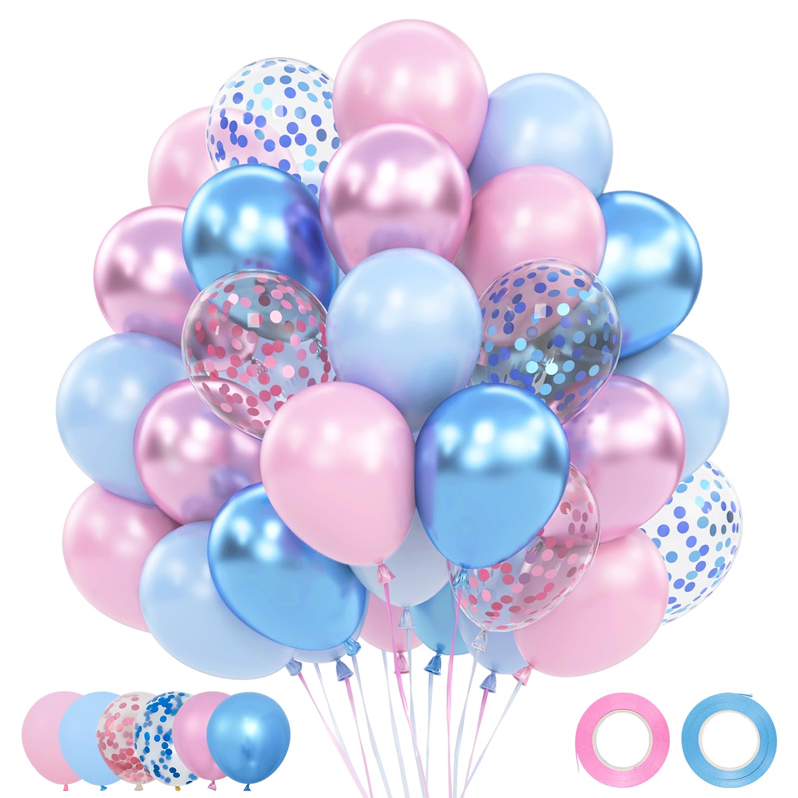 Luftballons Geburtstag Rosa Blau, 62 Stück Luftballons Blau Rosa, Pink Blaue Hellrosa Gender Reveal Ballons, Metallic Helium Ballons mit Konfetti für Gender Reveal Party Deko Junge Mädchen Geburtstag