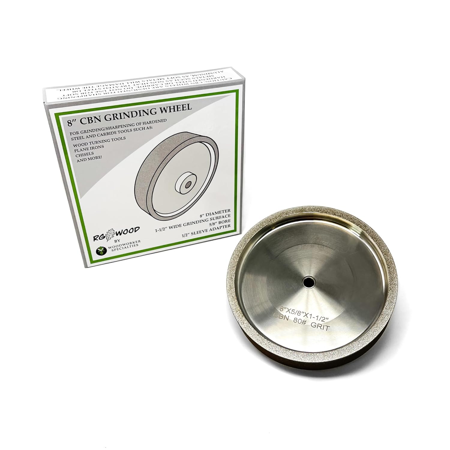 CBN8080 8" x 1.5" 80 Grit CBN Grinding Wheel with 5/8" Arbor (with 1/2" Adapter Sleeve), Tested and Adjusted for Balance