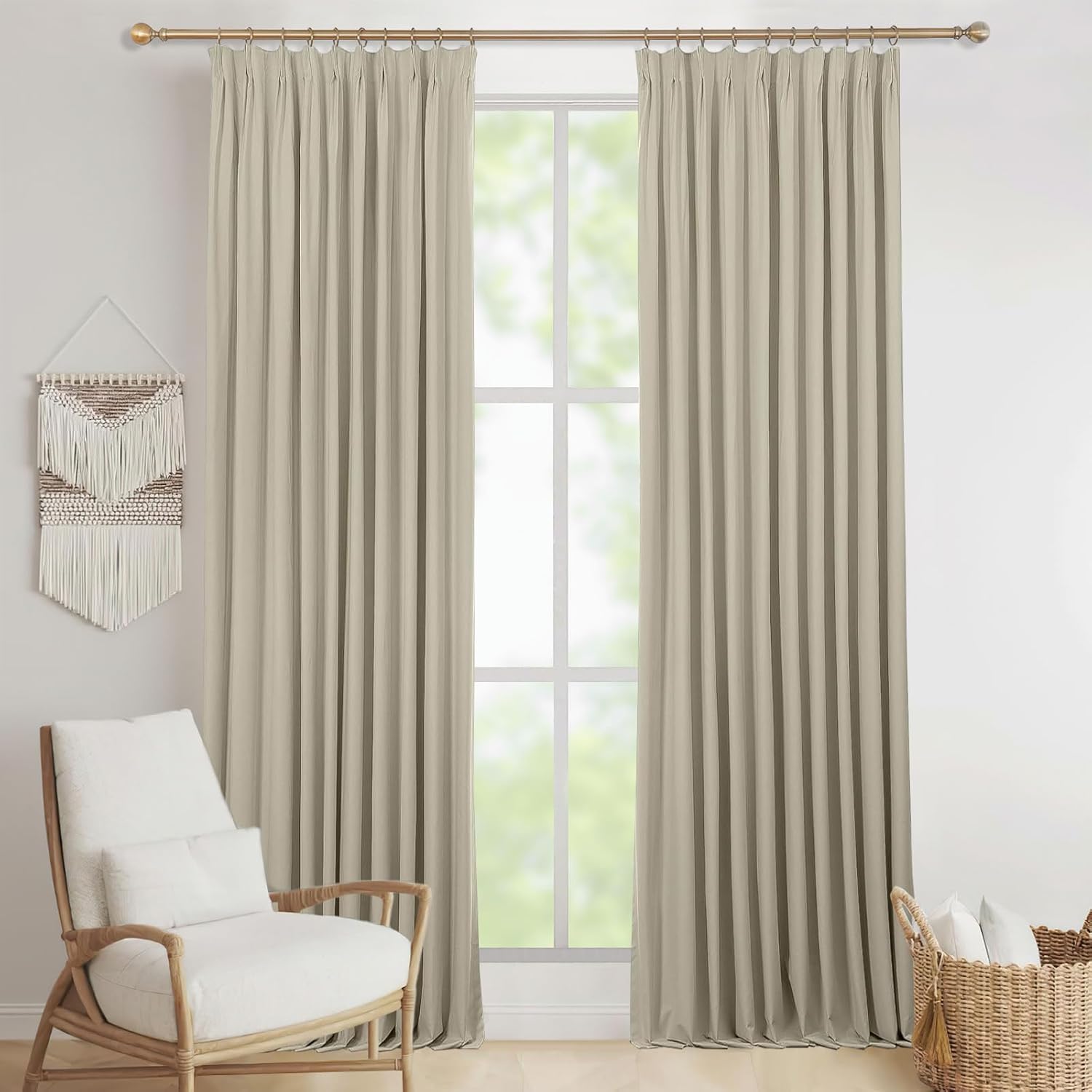Natural Pinch Pleated Insulated Blackout Drapes 102 inches Long Room Darkening Pleated Curtains for Living Room Bedroom, 60W x 102L, 1 Panel