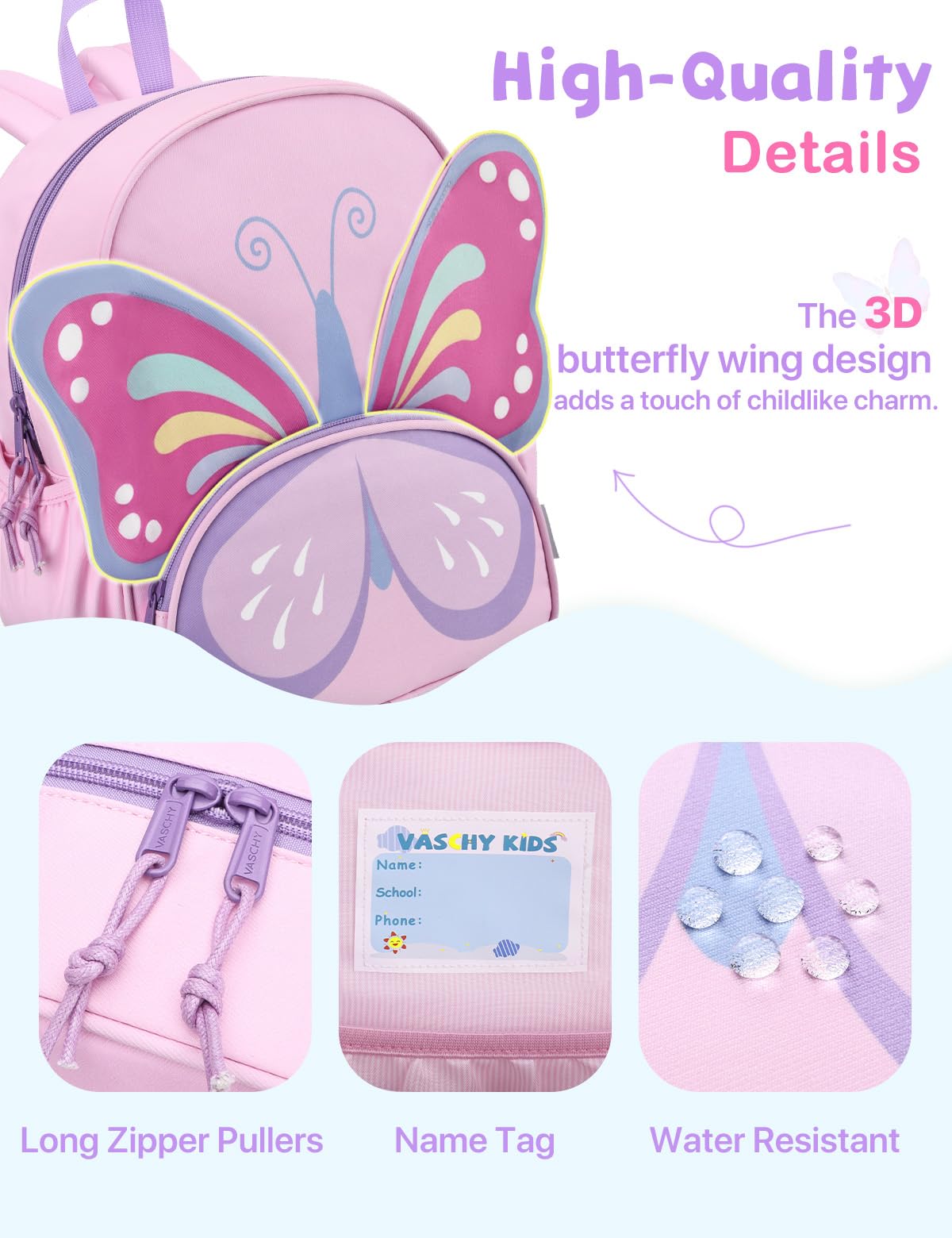 VASCHY Mochila niña y niño 3D 2-6 años Resistente al Agua Para Preescolar | Mochila Escolar Infantil con Cierre en el Pecho y Múltiples Bolsillos,Compartimentos,apta carpeta A4,Bolsillos Laterales