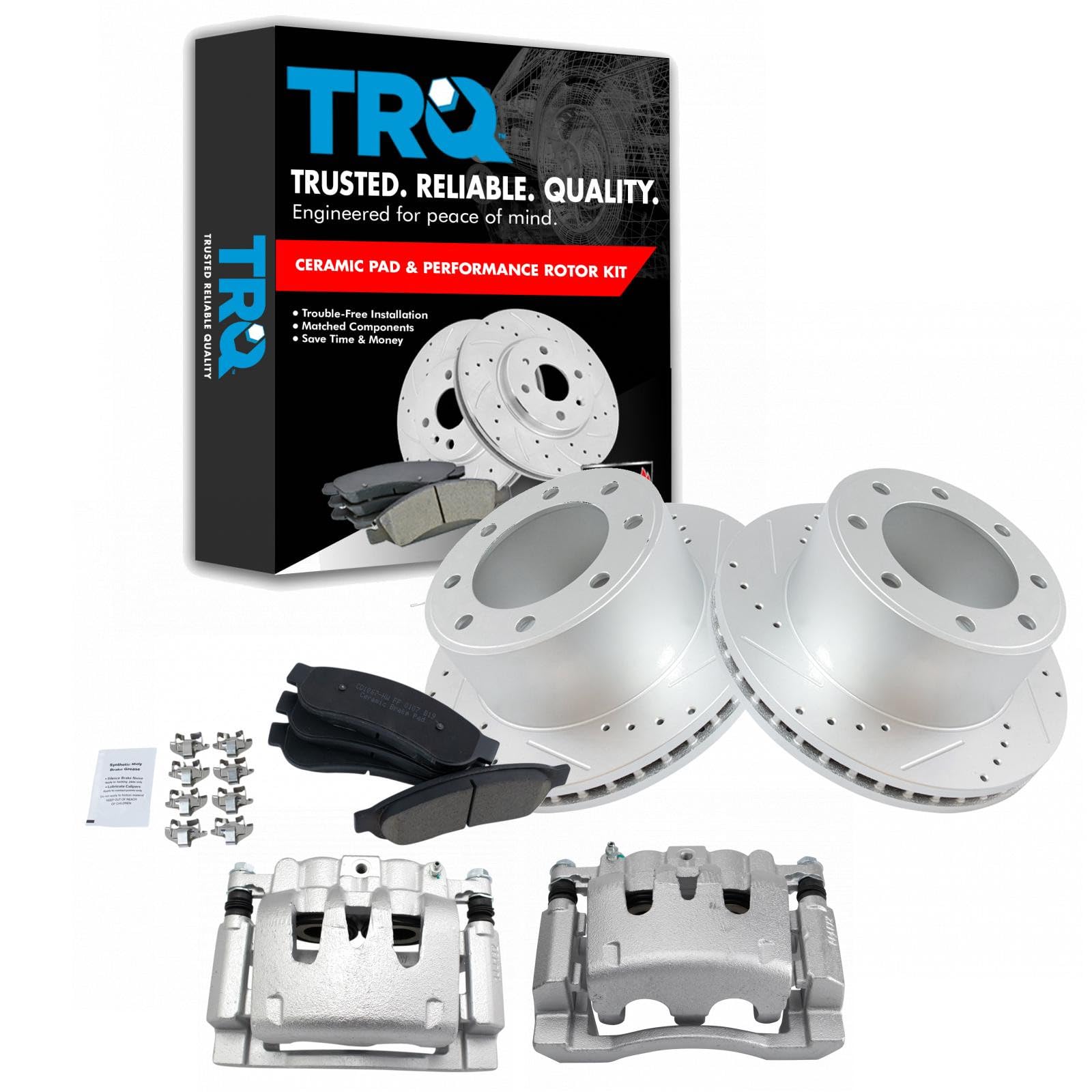 TRQ Rear Performance Brake Pad, Caliper, &amp; Rotor Kit Ceramic Premium G-Coated Compatible with 2008-2012 Ford F-250 Super Duty 2006-2012 F-350 Super Duty