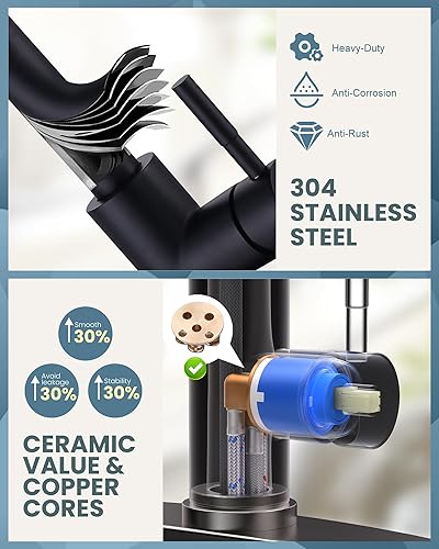 Miniatura 5 de WOWOW Grifo de cocina negro con pulverizador, grifo de fregadero de cocina extraíble sin plomo, grifos de cocina de una sola manija de acero