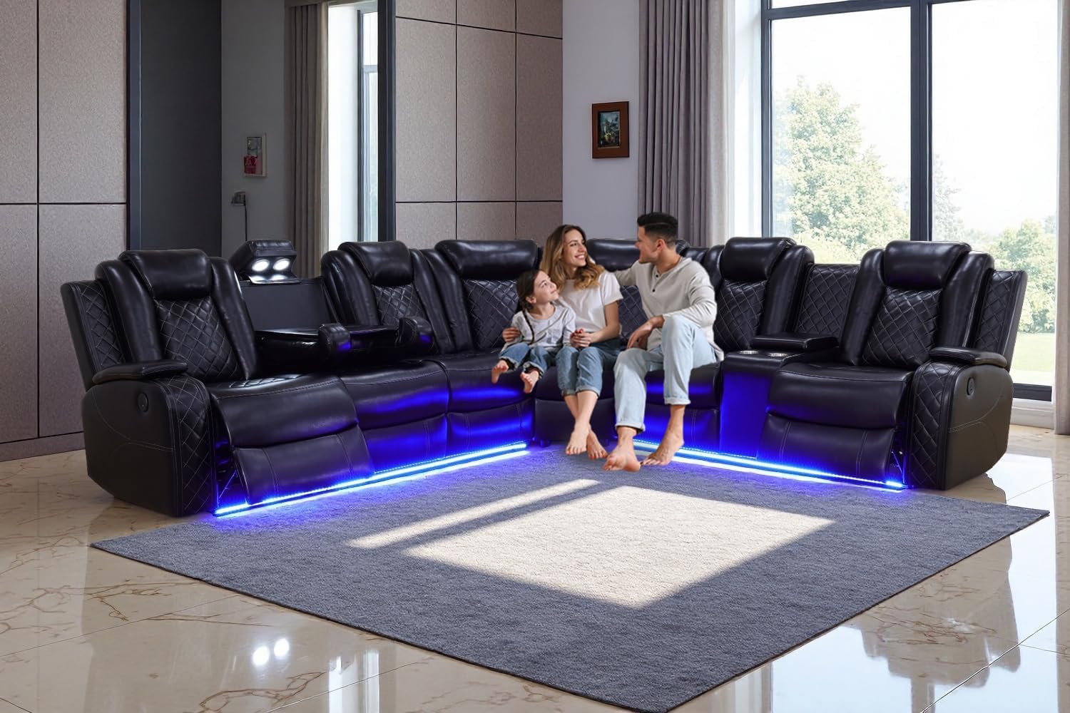A Ainehome Power Recliner Sectional Sofa Set with LED Light, Leather Reclining Sectional Couches Corner Sectional Sofa Set with 2 Recliner Seats for Living Room with Cup Holder, Storage Console, Black