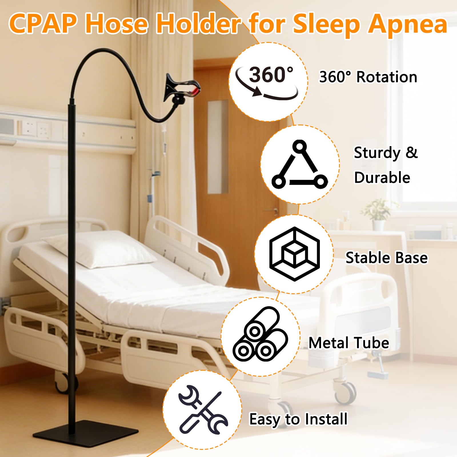 CPAP uchwyt na wąż i podnośnik do węża, regulowany, 40-120 cm, z regulacją wysokości CPAP z zaciskiem obrotowym o 360° i taśmą na rzep, wsparcie węża, zapobiega wyciekom i plątaniu się