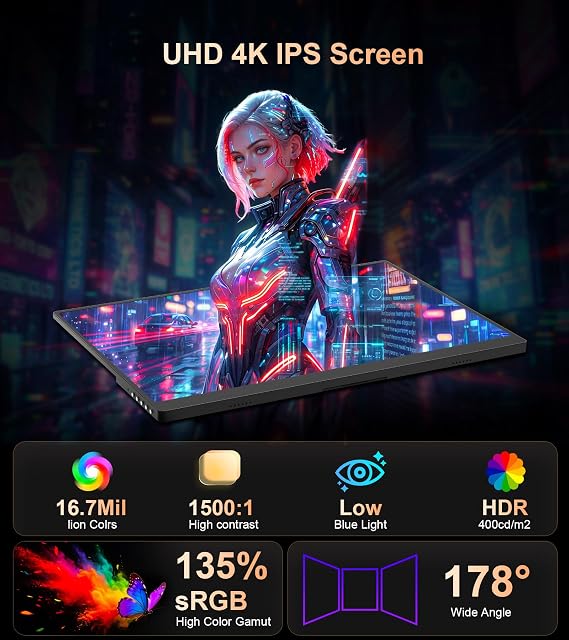 4K Portable Monitor - 15.6 UHD 3840 * 2400 for Laptop/Mac(Metallic Black) | 16:10,400 Nits,135% sRGB,IPS Screen,2 USB-C,HDMI Ports,Speakers,Standf,VESA for PC/PS5/Xbox