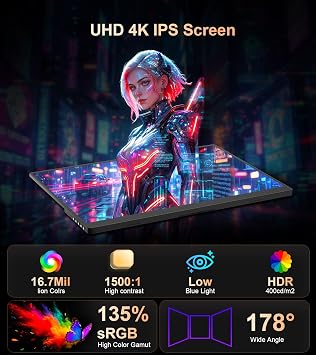4K Portable Monitor - 15.6 UHD 3840 * 2400 for Laptop/Mac(Metallic Black) | 16:10,400 Nits,135% sRGB,IPS Screen,2 USB-C,HDMI Ports,Speakers,Standf,VESA for PC/PS5/Xbox