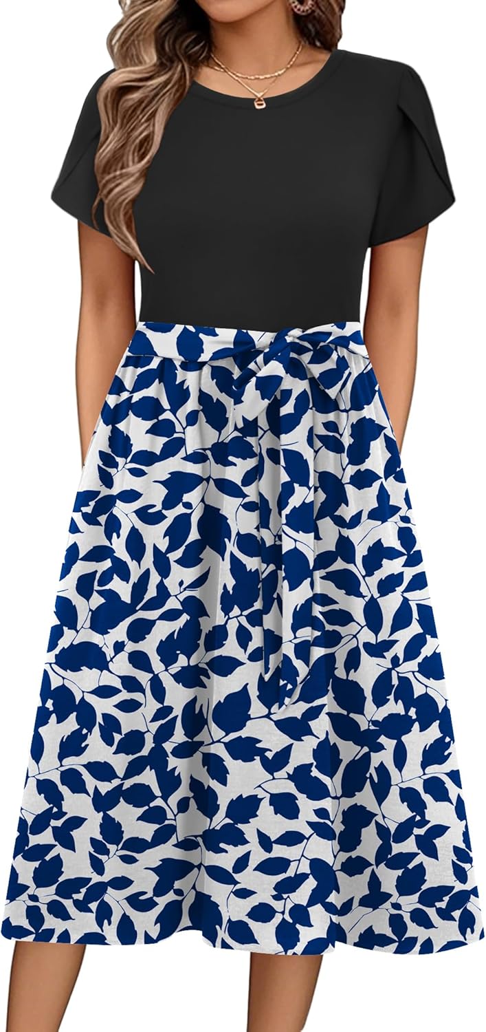 Zeagoo Womens Midi Dress Summer Short Sleeve Dress with Pockets 2025 Casual Floral T-Shirt Dress Flowy Beach Sundress