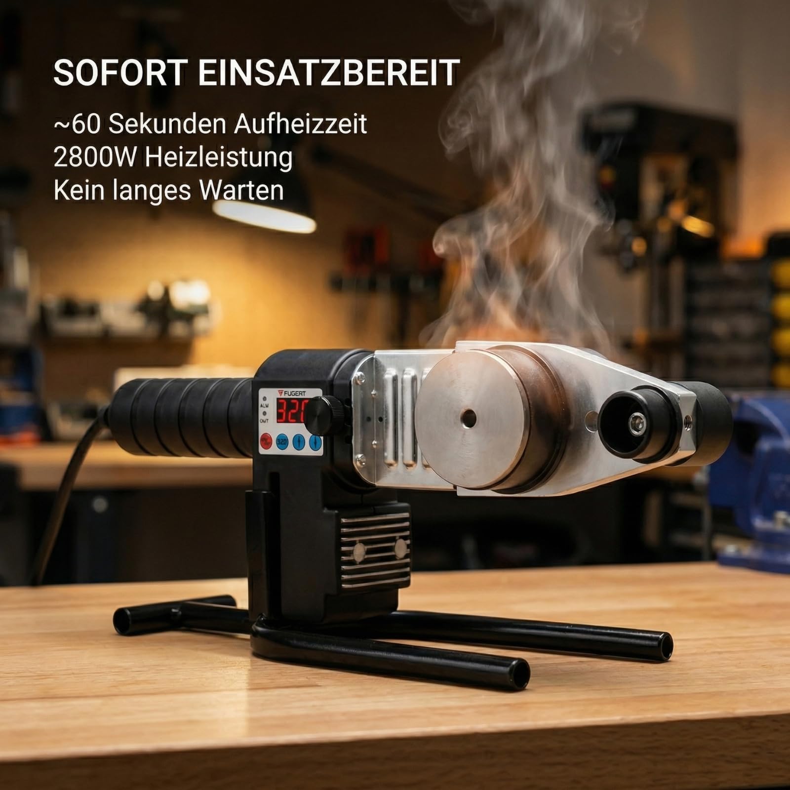 Muffenschweißgerät für PP/PVC Rohre, Profi Rohrschweißgerät mit Digitalanzeige, 2800W - Digital 0-320 °C, 7 Aufsätze Ø16-63 mm, inkl. Rohrschere & Koffer, für Heimwerker & Profis