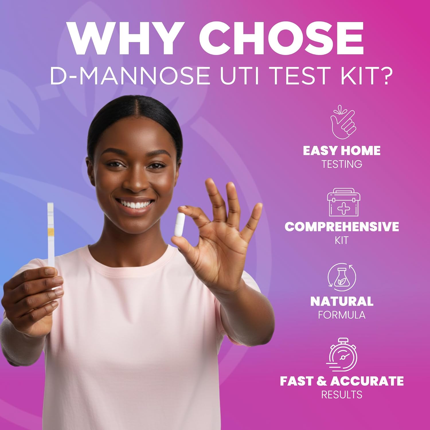 Pelvana D-Mannose UTI Kit for Women – UTI Test Strips & D-Mannose Supplement, At-Home Testing, Maintains Healthy Urinary Tract Balance, Flushes Impurities – 3 Bottles (120 Capsules) + 50 Test Strips