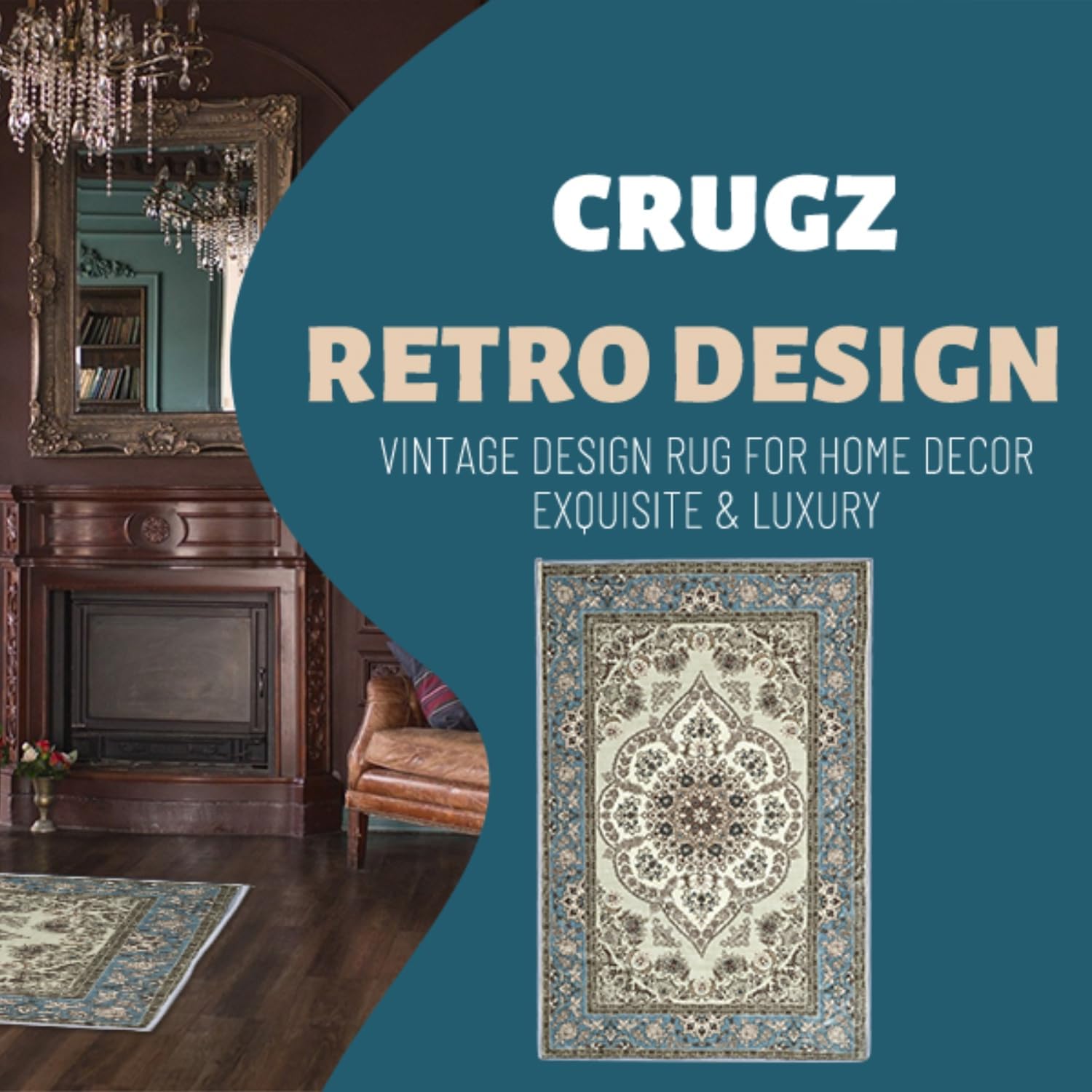 CRUGZ Boho Washable 5x7 Feet Area Rug, Ultra Soft Faux Wool Area Rugs Non-Slip Backing for Bedroom Living Room, Vintage Low Pile Room Decor Carpet (Blue/Cream, 5'x7')