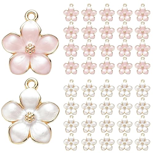 Lanjiesh 40Pcs Gold Plated Enamel Cherry Blossom Charms, Cute Flower Pendants for Jewelry Making, DIY Craft Findings for Bracelet Necklace Earrings Purse Keychains