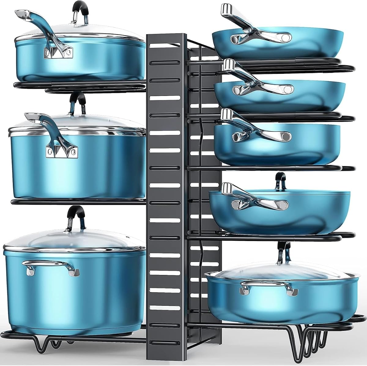Organizador de ollas y sartenes debajo del gabinete de 16.6", estante ajustable de 8 niveles | 3 modos de bricolaje, ensamblaje sin herramientas, antideslizante, se adapta a utensilios de cocina livianos de hasta 11", para gabinetes, estantes y encimeras de cocina