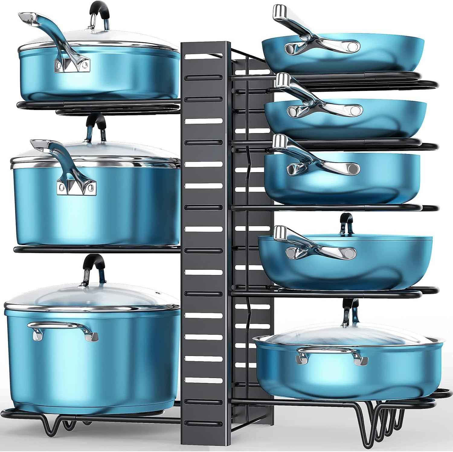 ORDORA 8 Tier Pot and Pan Organizer Rack for Cabinets 3 DIY Ways Adjustable Organizer for Pots, Pans, Lids