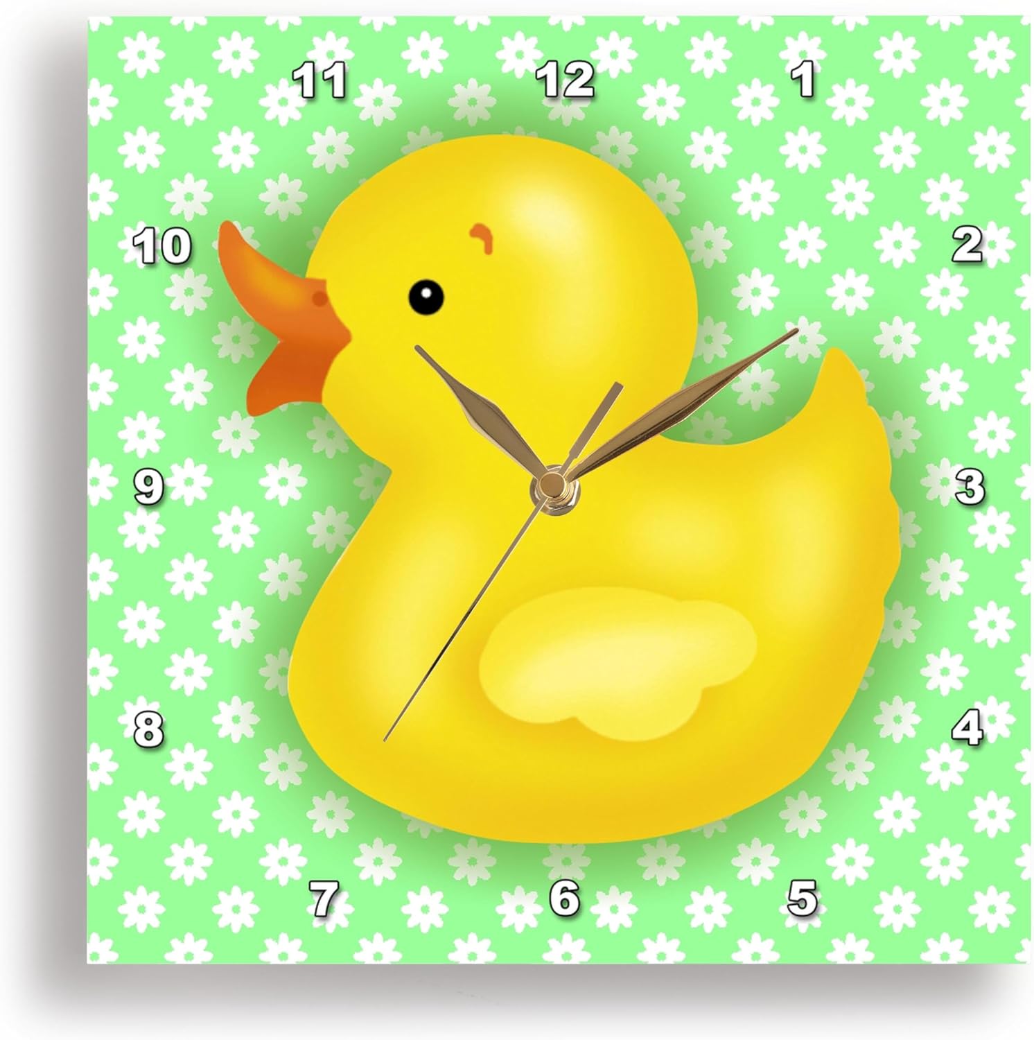 3dRose Wall Clock Silent - 15 inch - Yellow Bath Duck Over Green and White Floral Pattern - Nursery Designs